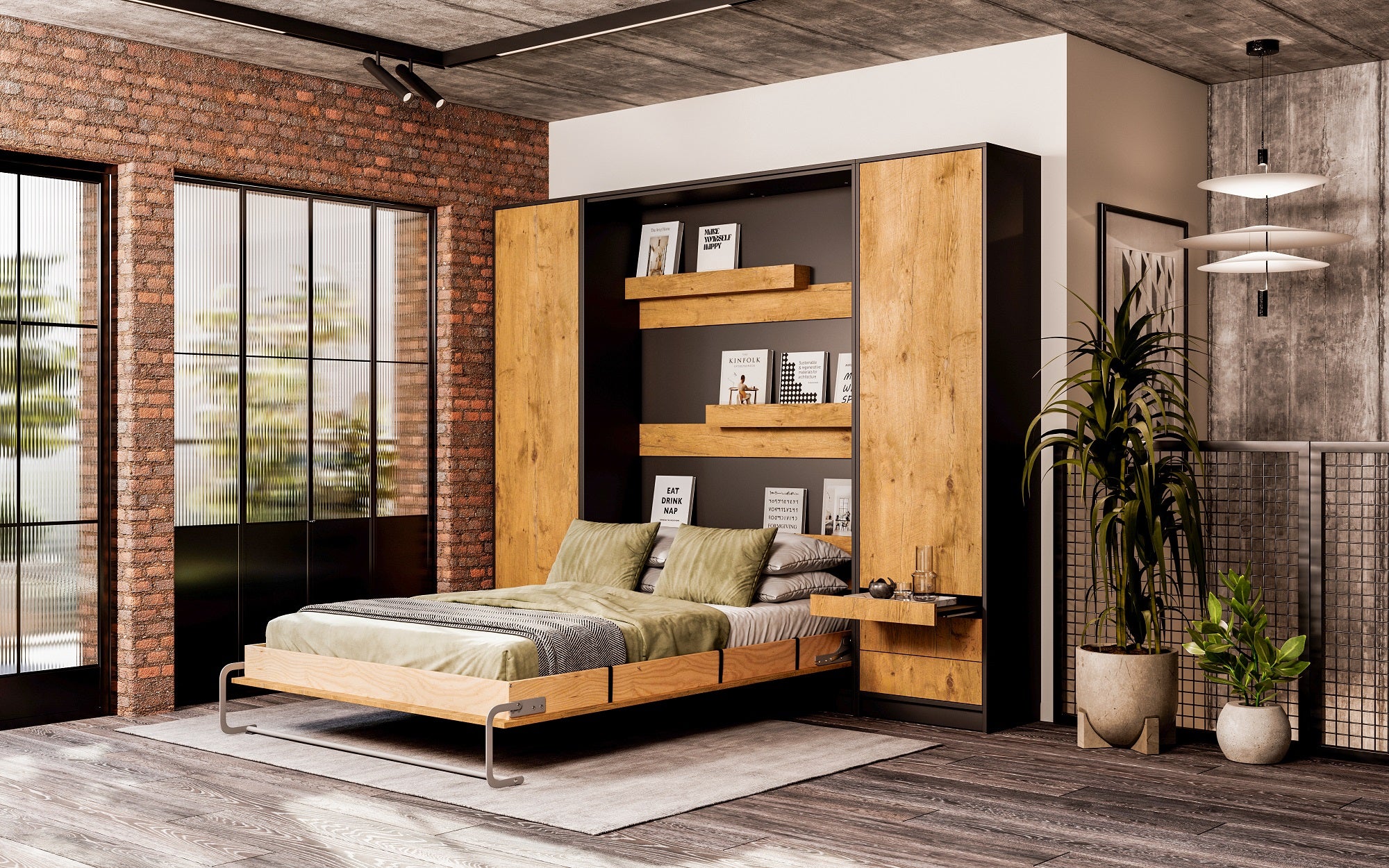 Open BASIC Murphy bed with wood-toned cabinetry in an industrial-style interior