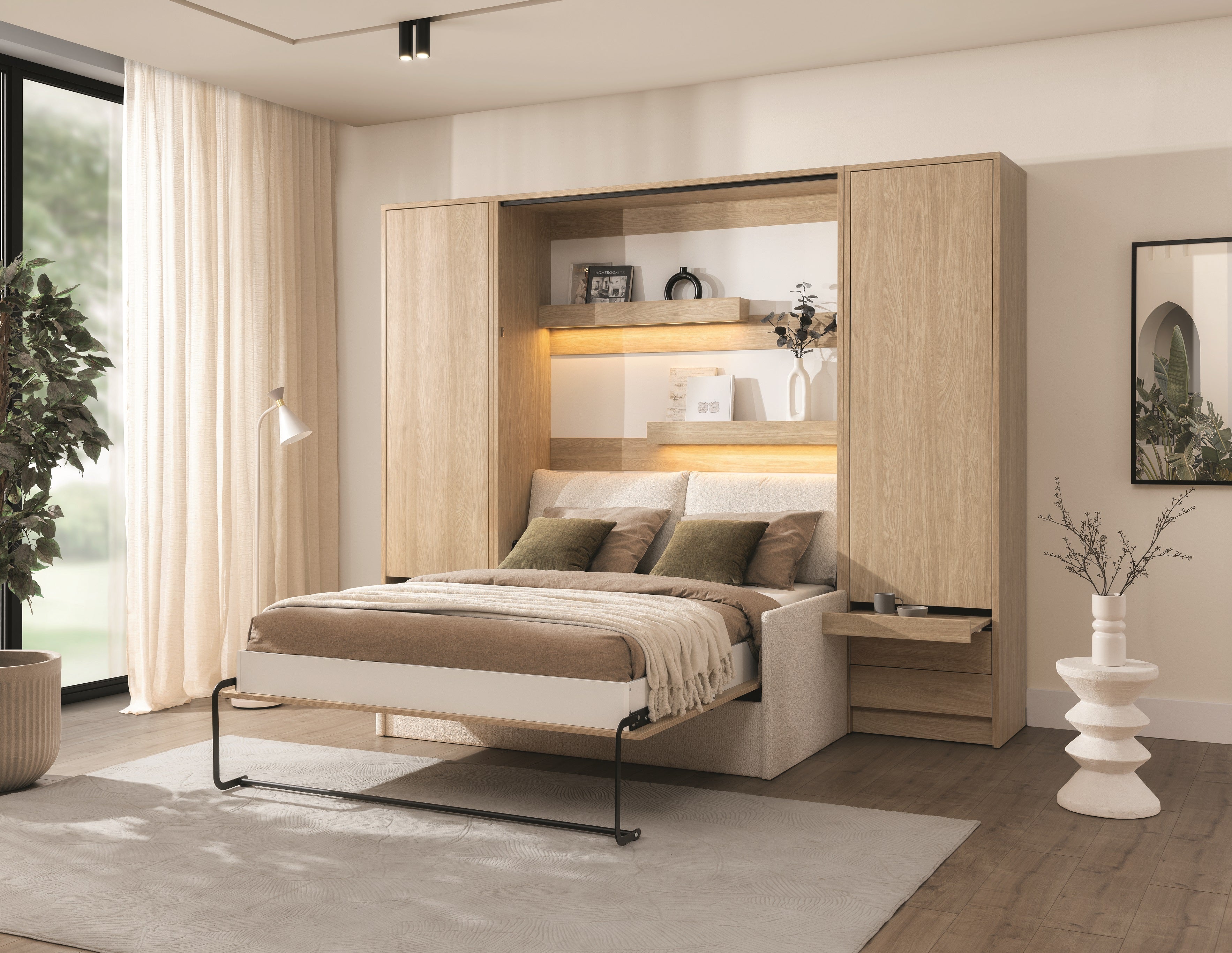 Open GENIUS Murphy bed with a sofa in a bright, wood-toned interior