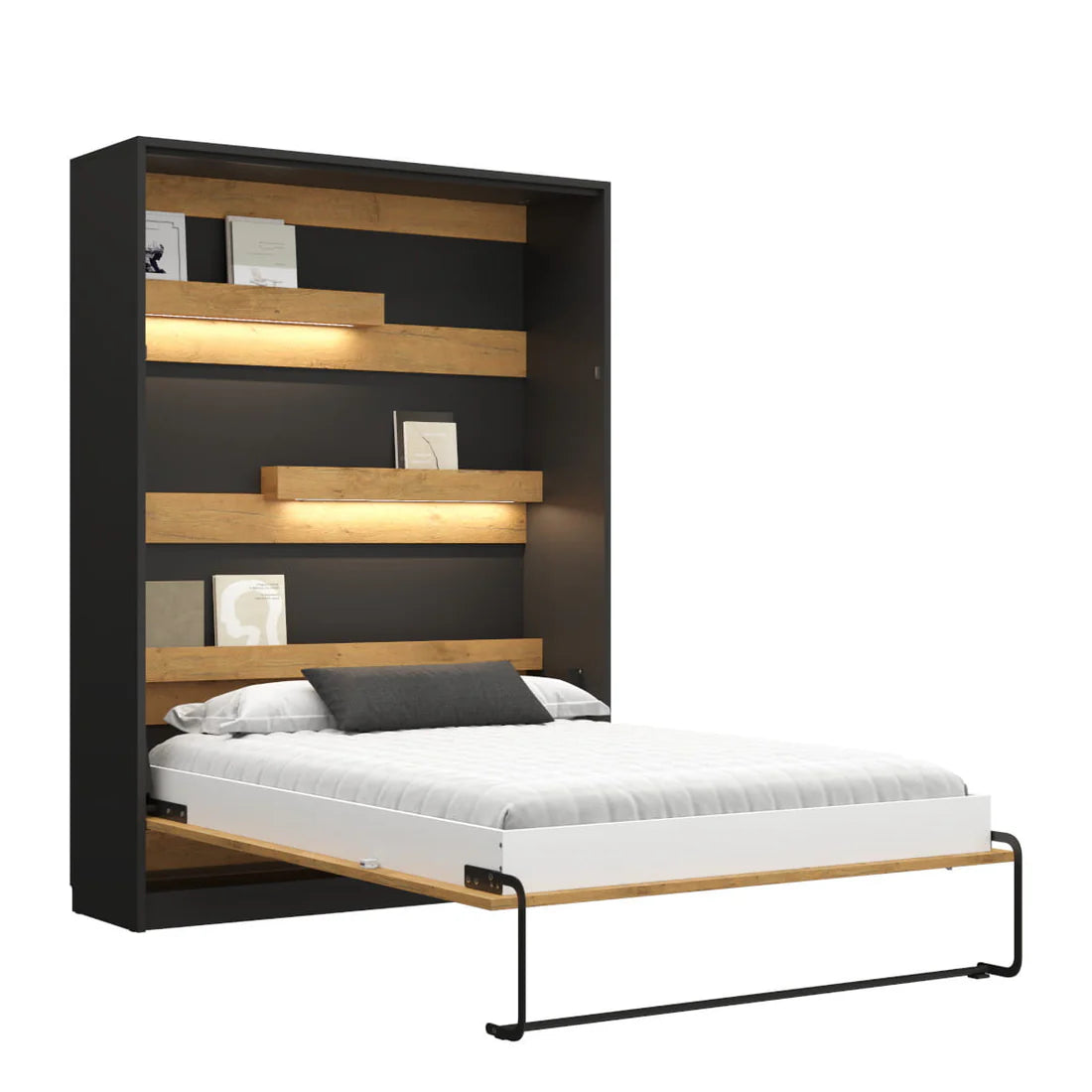 Customizable Genius Murphy Bed with Sofa Set 160 x 200 cm Black Lancelot Oak, LED Lighting