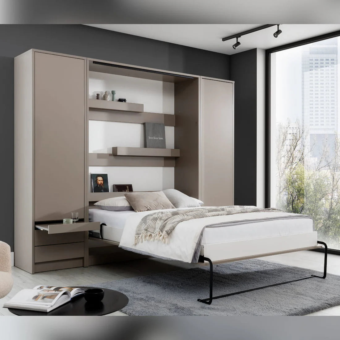 Customizable Genius Murphy Bed with Sofa Set 140 x 200 cm Congo, LED Lighting