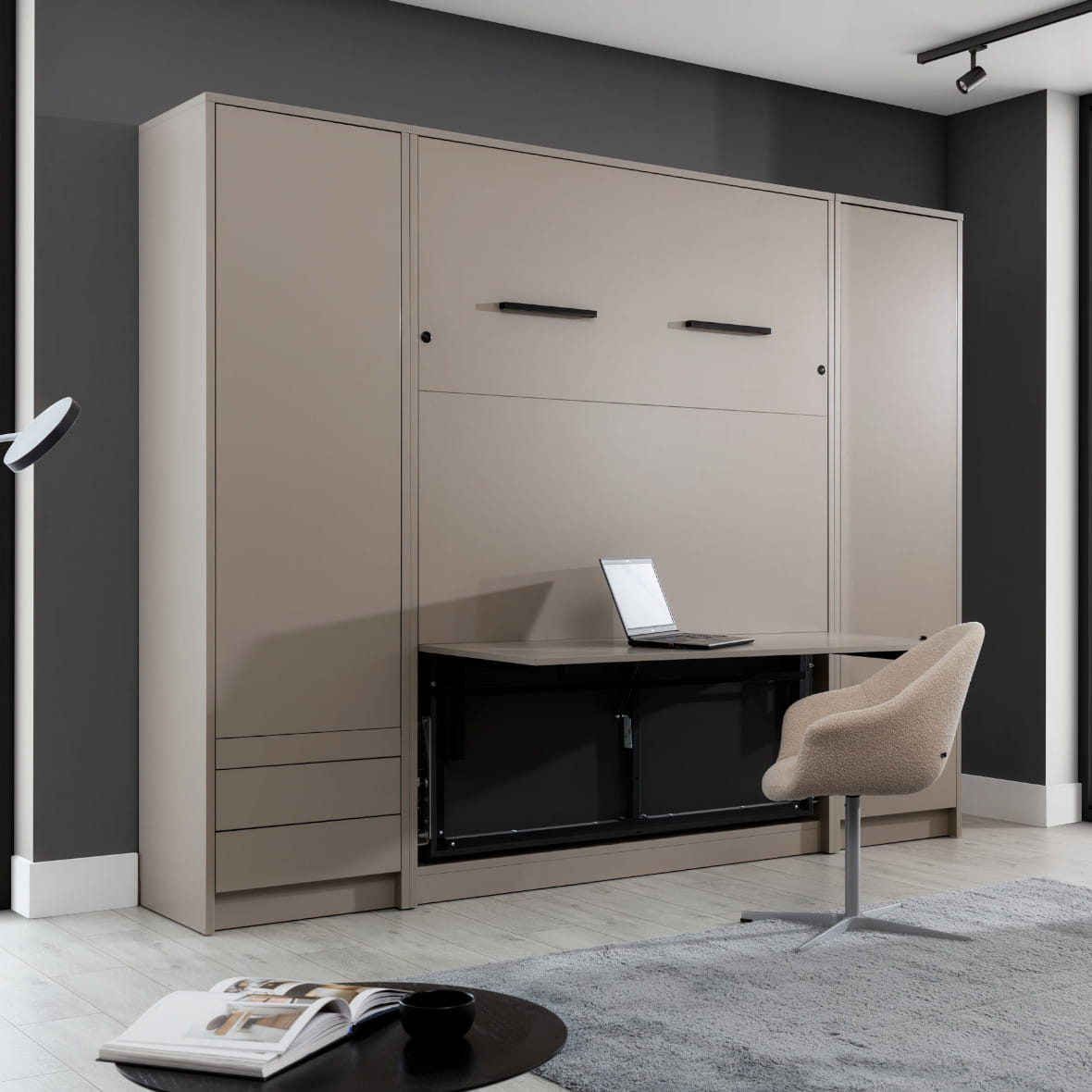 Genius Vertical Murphy Bed with Desk & Wardrobes – with 140 cm Mattress