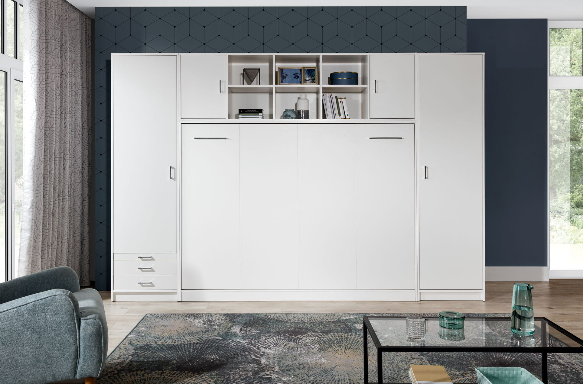 Customizable Murphy Bed Basic Horizontal Furniture Set White Gloss 90, 120, 140 x 200 cm