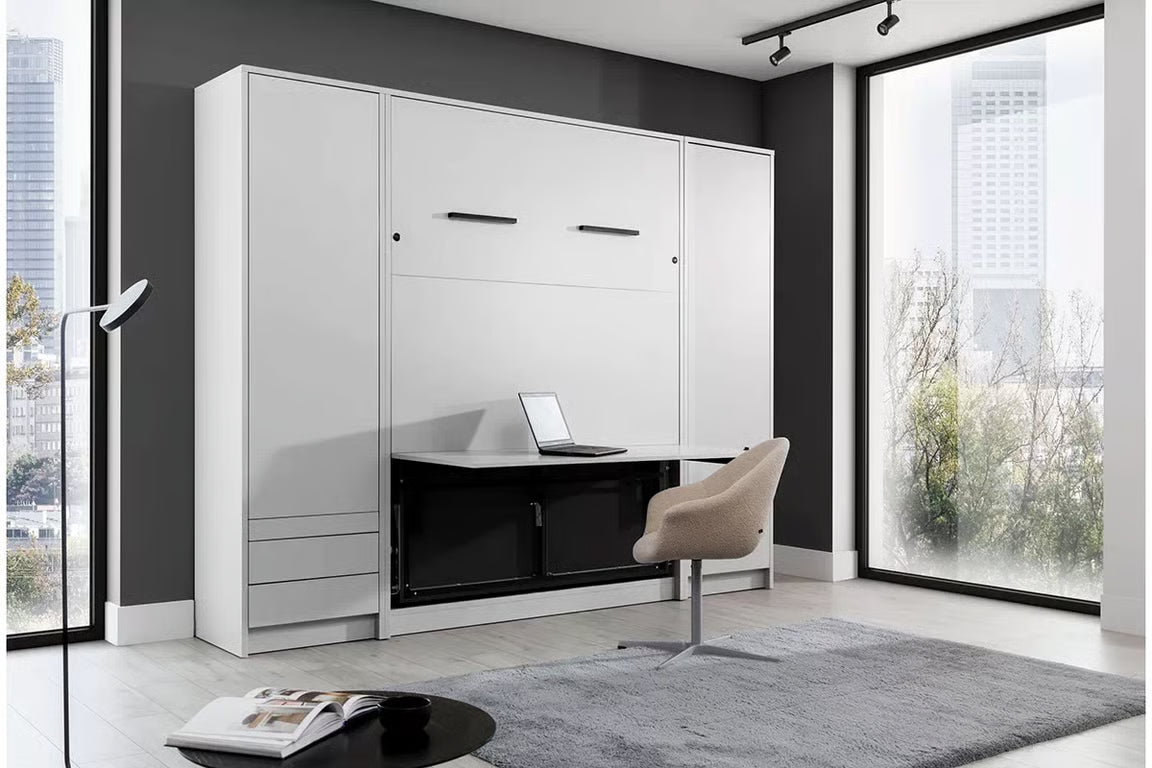 Genius Vertical Murphy Bed with Desk & Wardrobes – with 140x200 cm Mattress, LED Lighting
