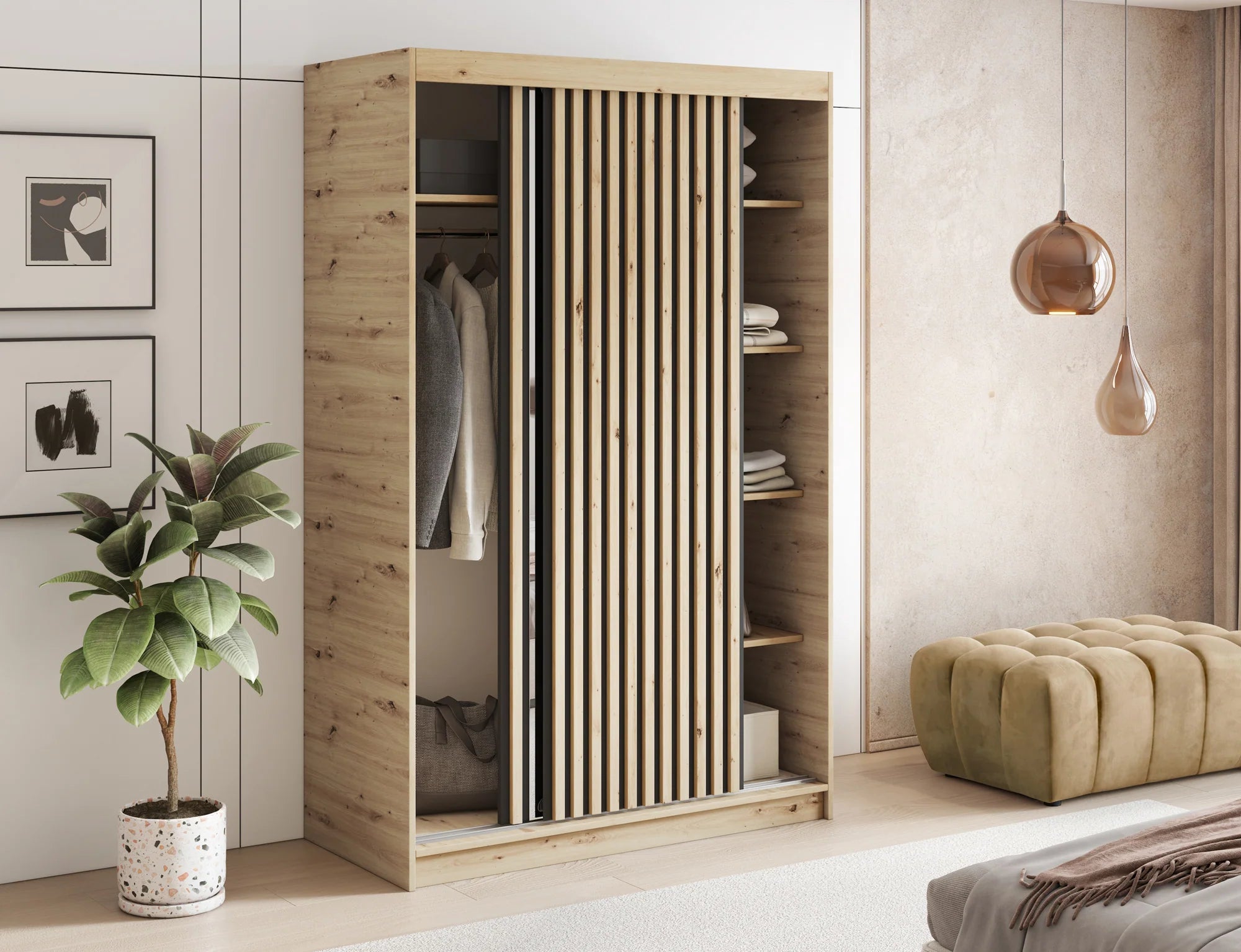 Eltap Emerio II 2D Sliding Wardrobe – Aristan Oak 120 cm with Mirror