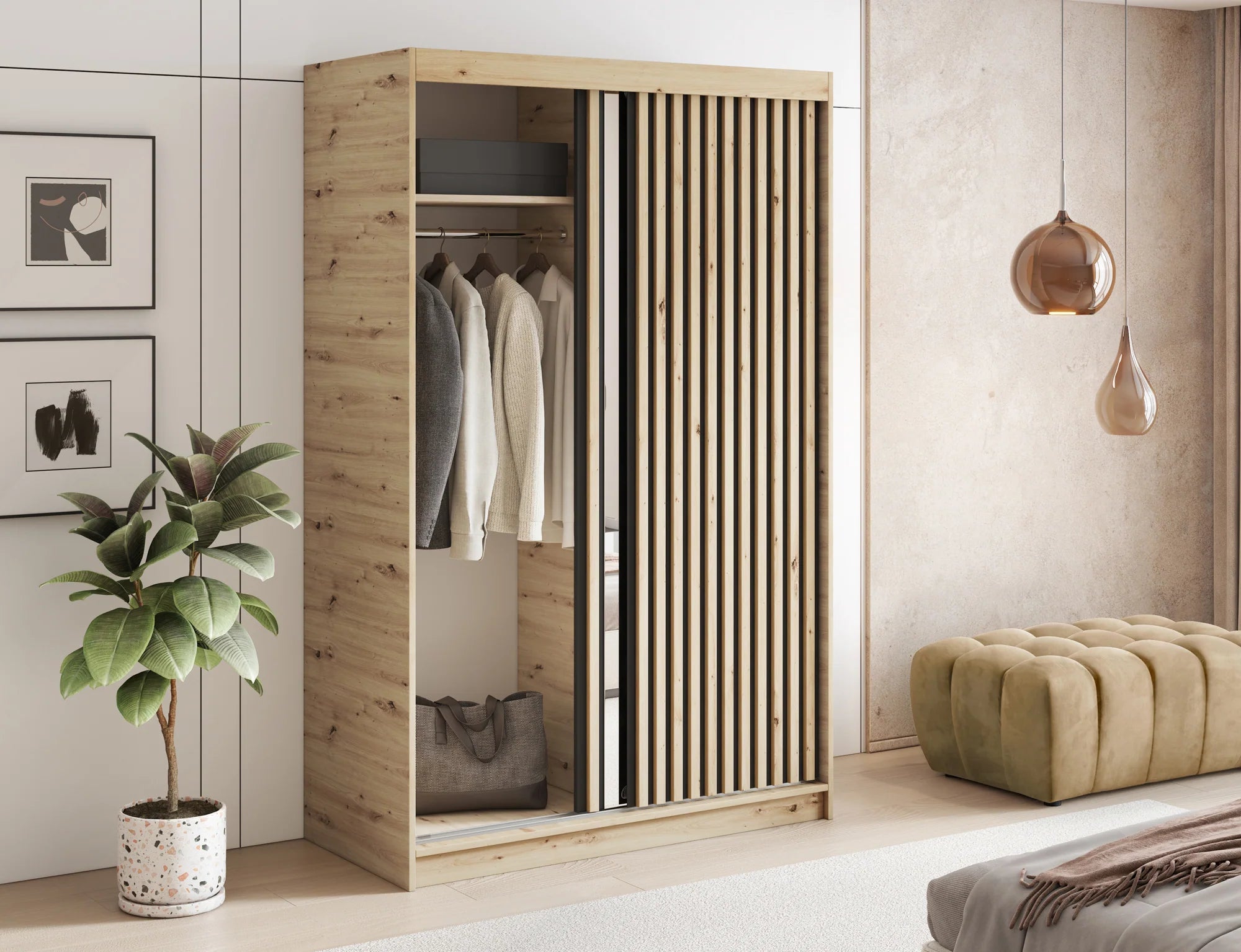 Eltap Emerio II 2D Sliding Wardrobe – Aristan Oak 120 cm with Mirror