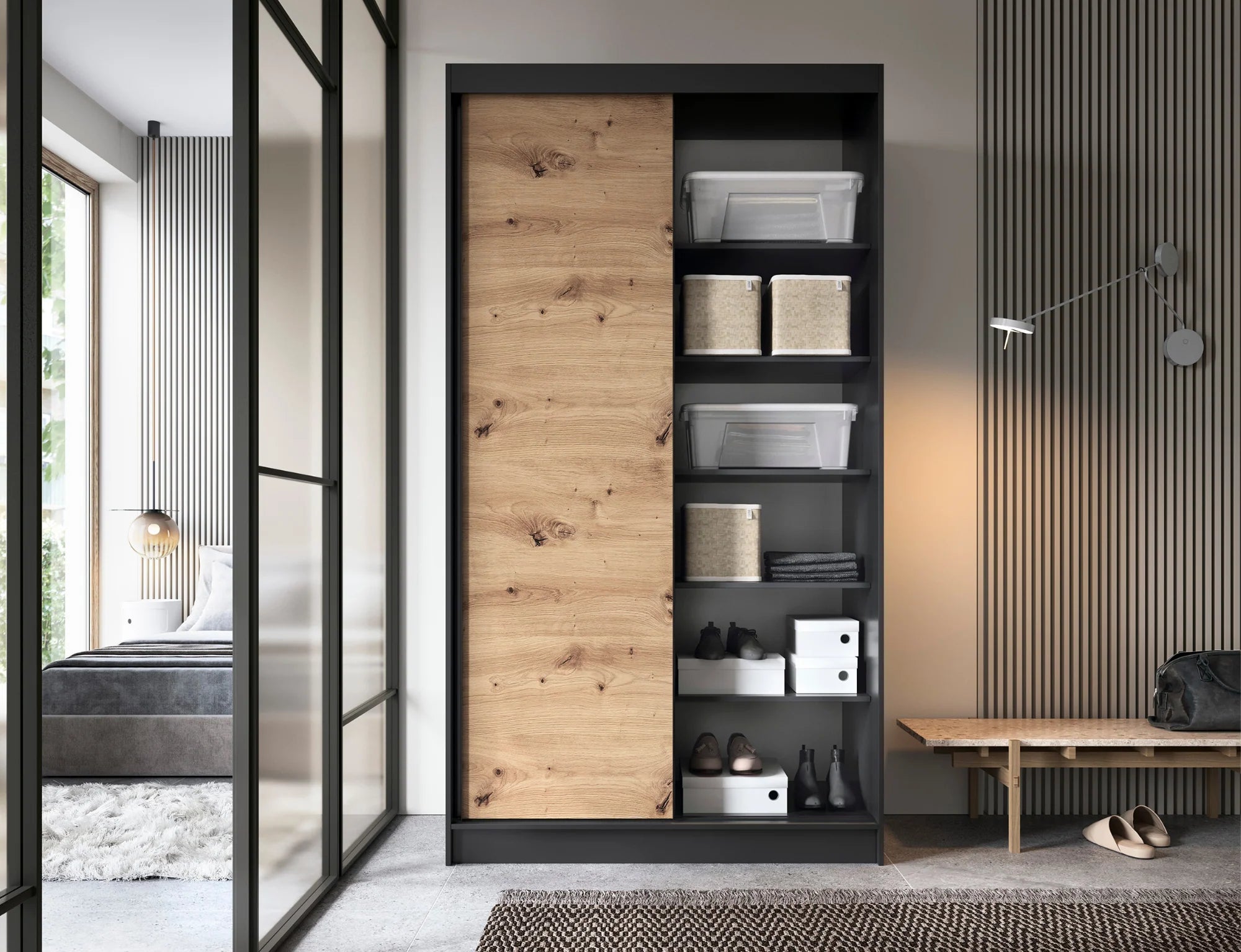 Eltap Esville II 2D Sliding Wardrobe – Black/Aristan Oak 120 cm