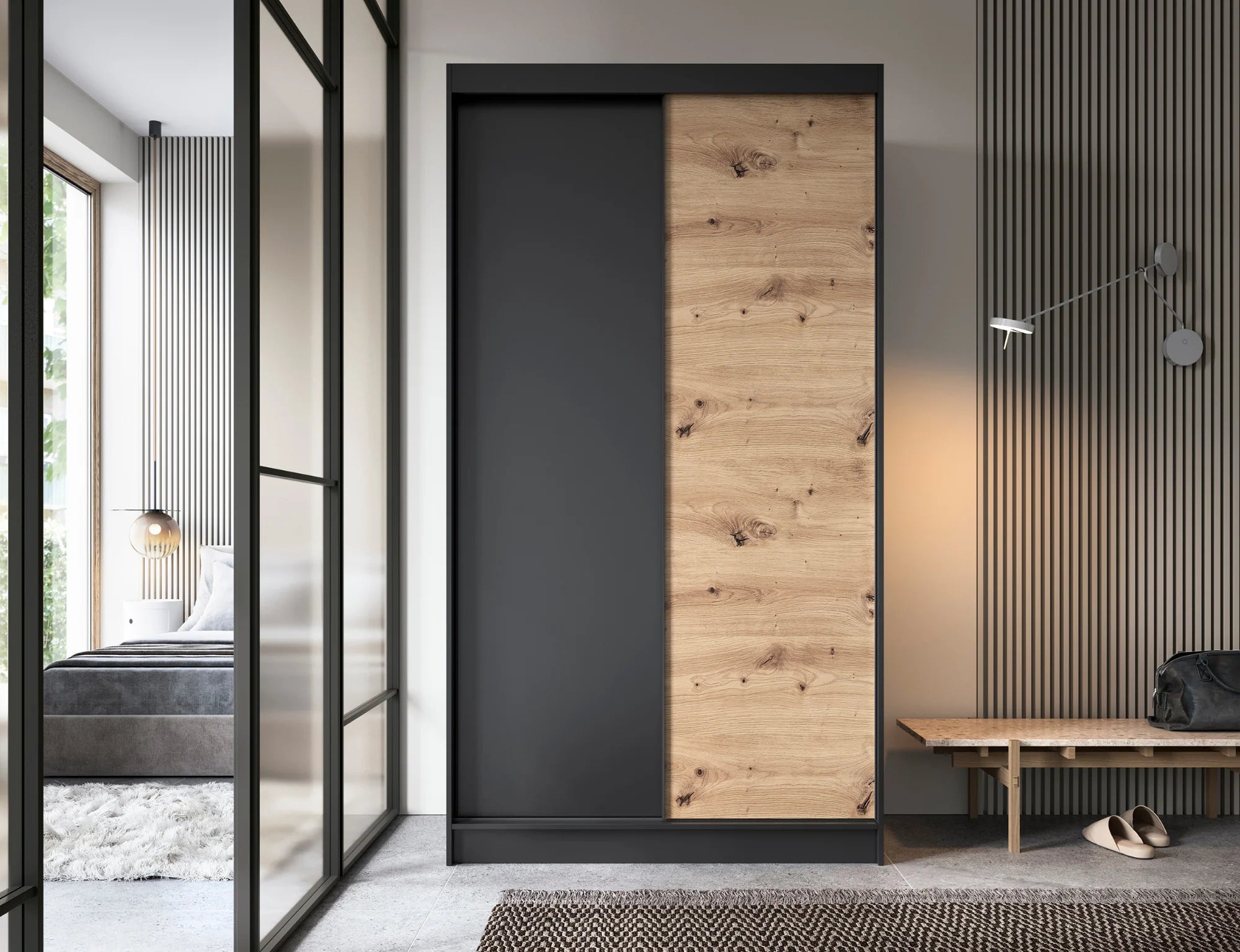 Eltap Esville II 2D Sliding Wardrobe – Black/Aristan Oak 120 cm