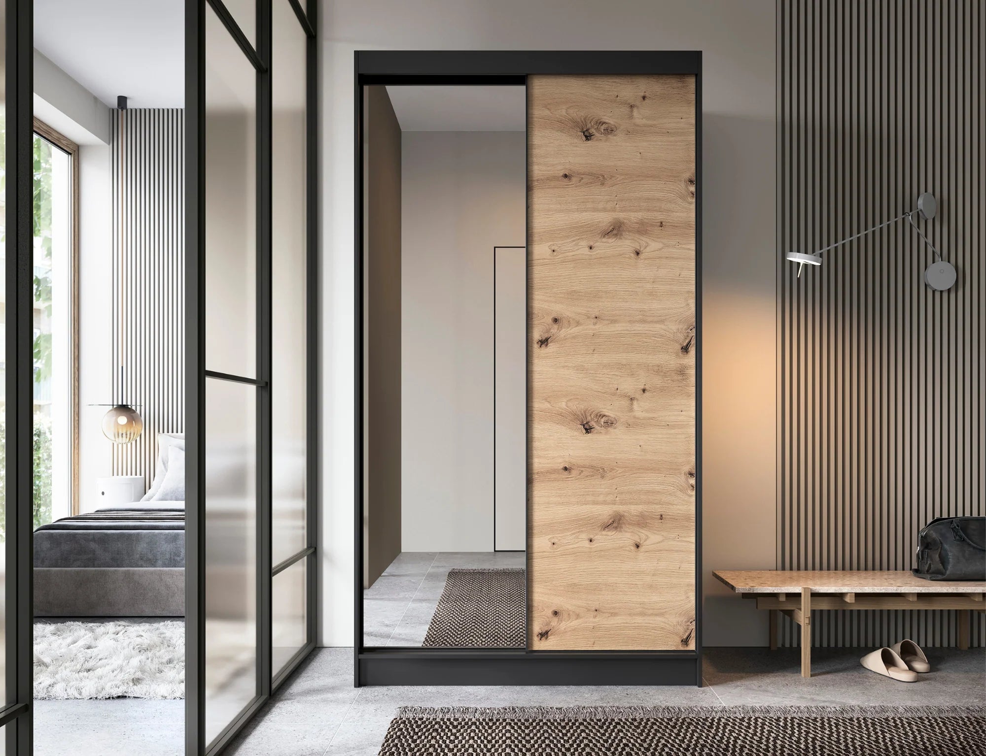 Eltap Esville II 2D Sliding Wardrobe – Black/Aristan Oak 120 cm with Mirror