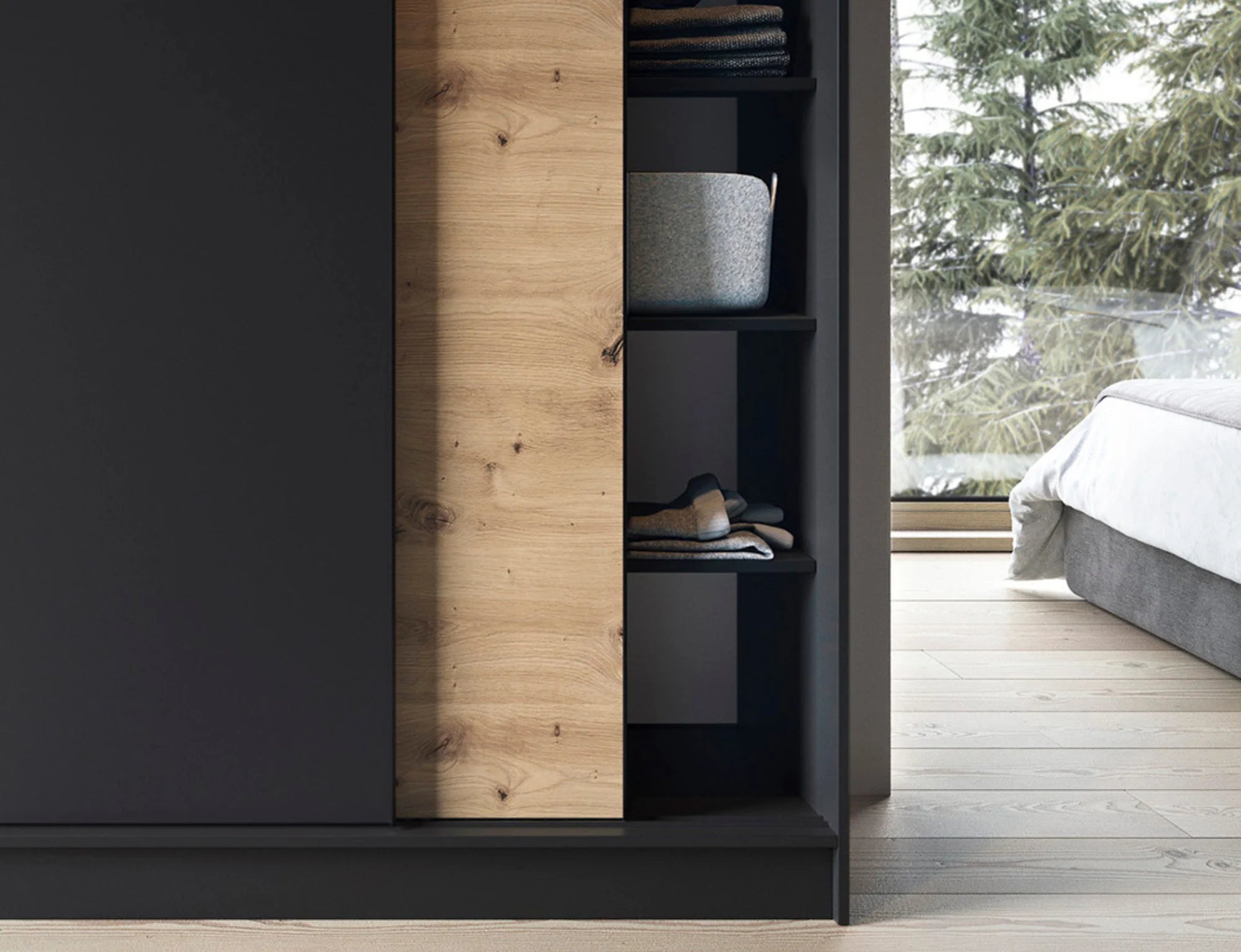 Eltap Esville II 2D Sliding Wardrobe – Black/Aristan Oak 120 cm