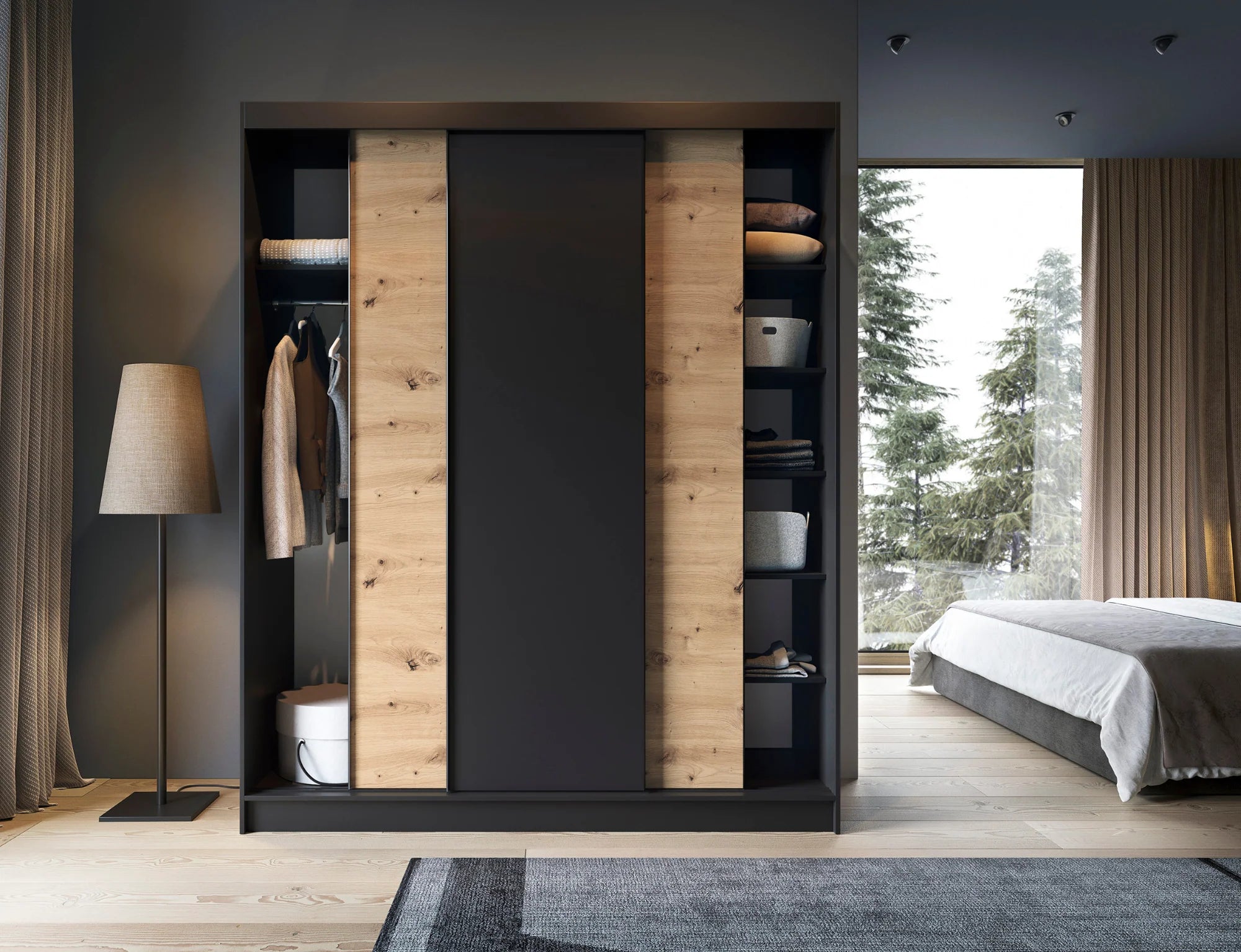 Eltap Esville III 3D Sliding Wardrobe – Black/Aristan Oak 180 cm