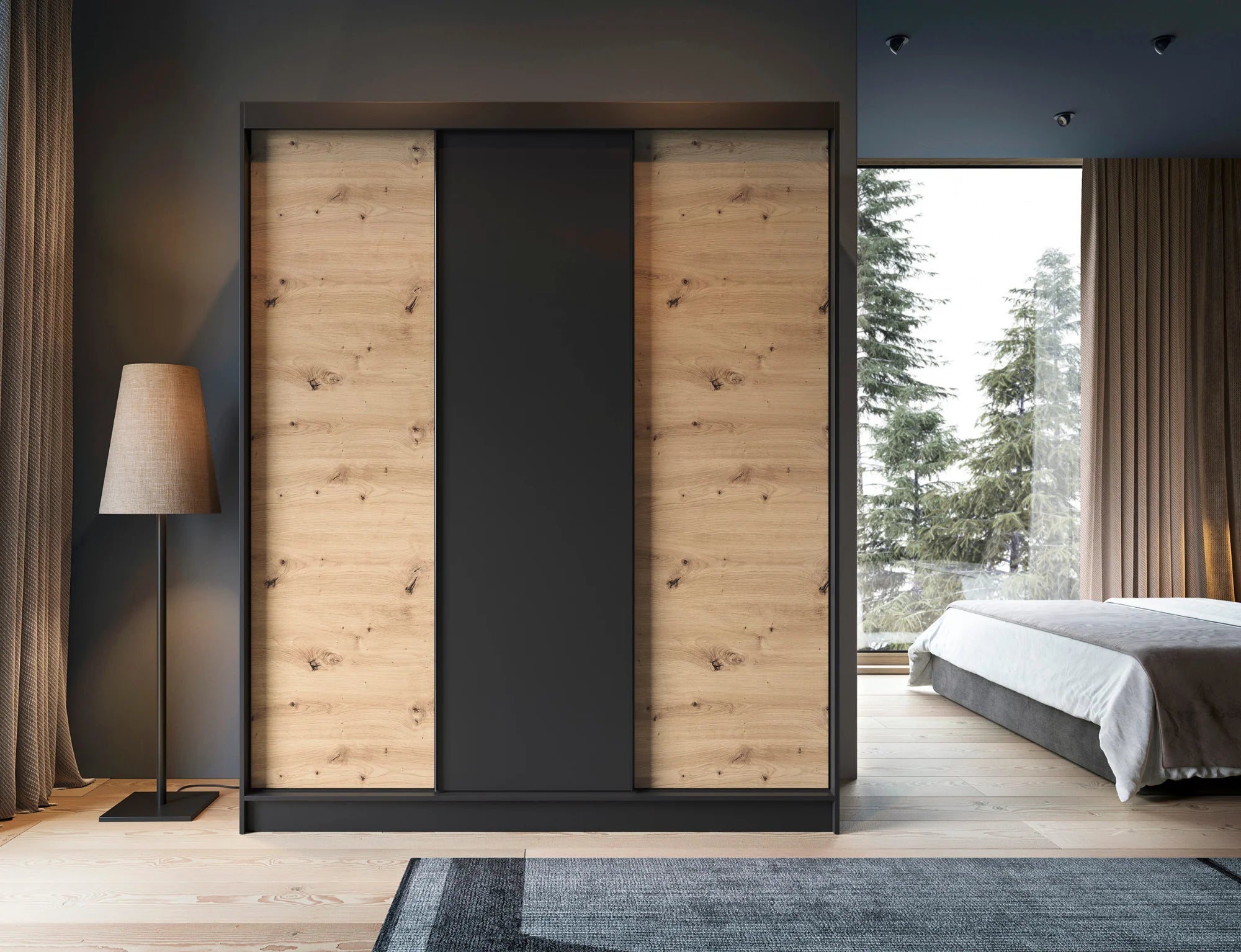 Eltap Esville III 3D Sliding Wardrobe – Black/Aristan Oak 180 cm