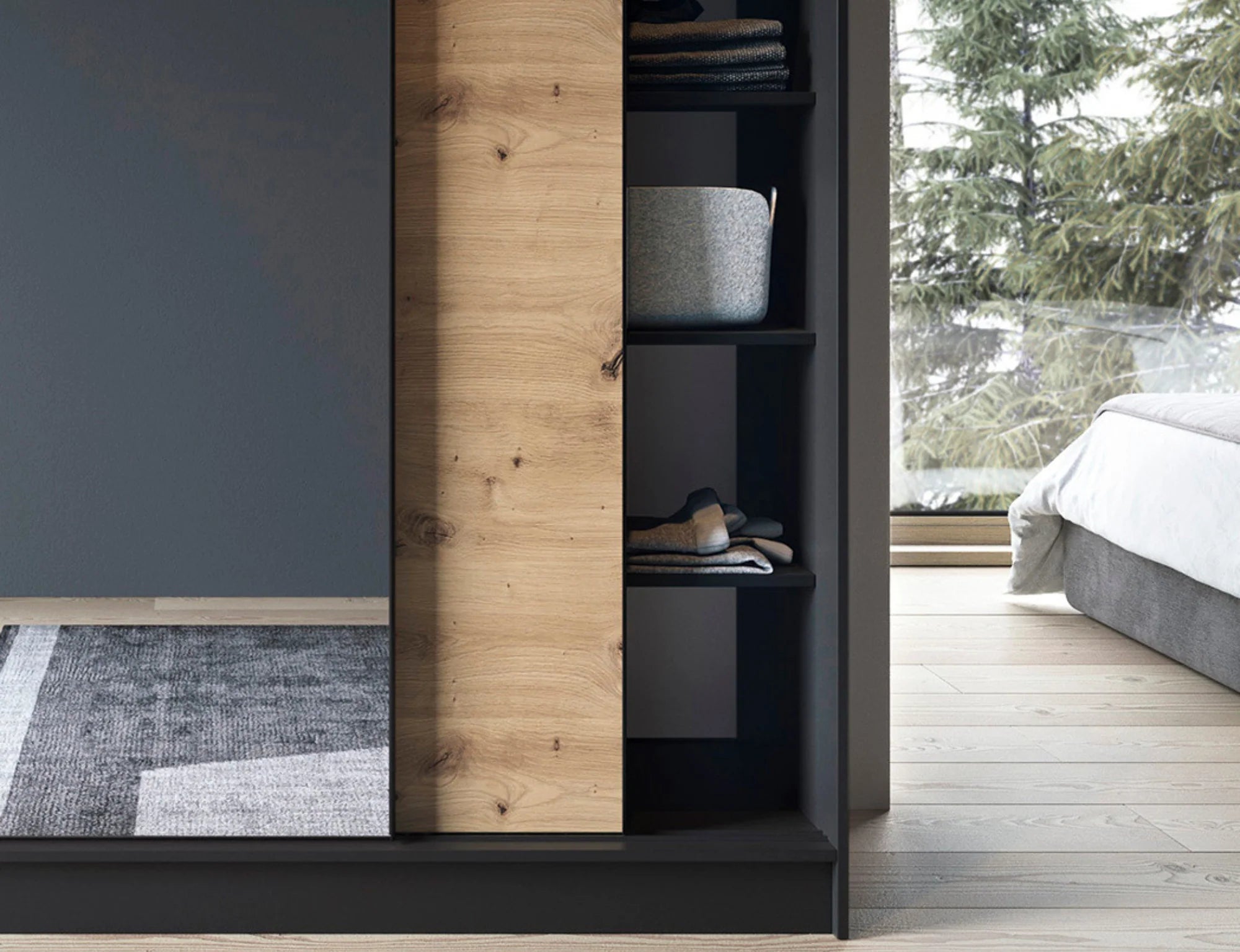 Eltap Esville III 3D Sliding Wardrobe – Black/Aristan Oak 180 cm with Mirrror