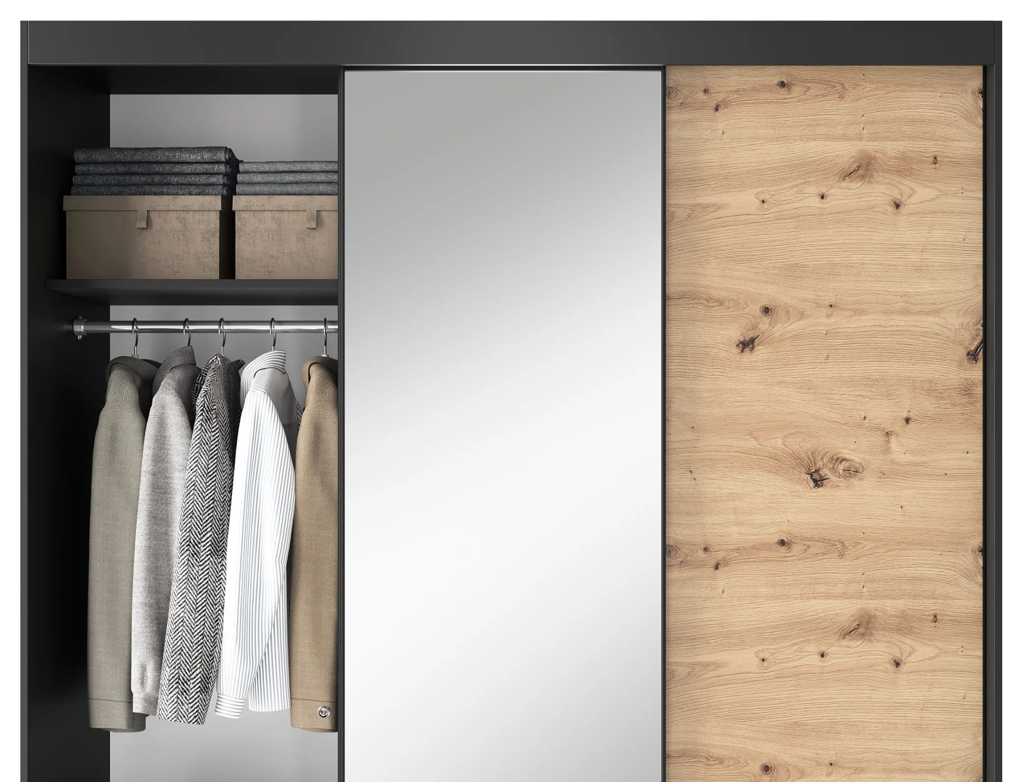 Eltap Esville III 3D Sliding Wardrobe – Black/Aristan Oak 180 cm with Mirrror