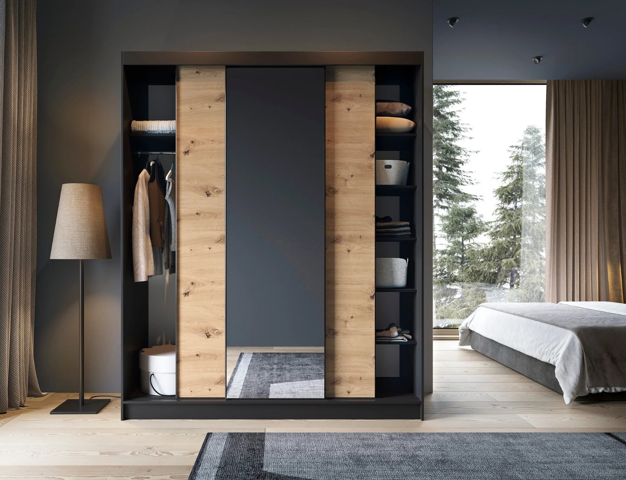Eltap Esville III 3D Sliding Wardrobe – Black/Aristan Oak 180 cm with Mirrror