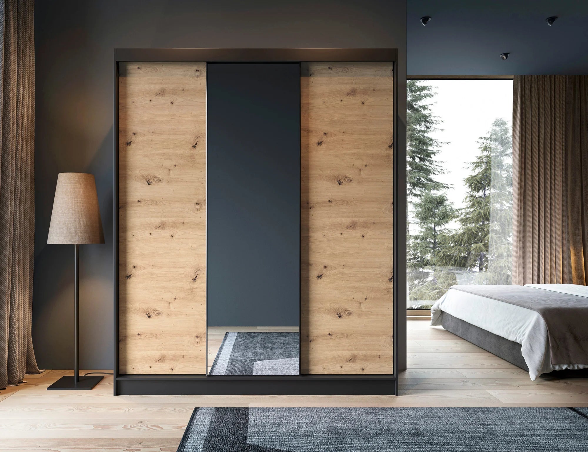 Eltap Esville III 3D Sliding Wardrobe – Black/Aristan Oak 180 cm with Mirrror