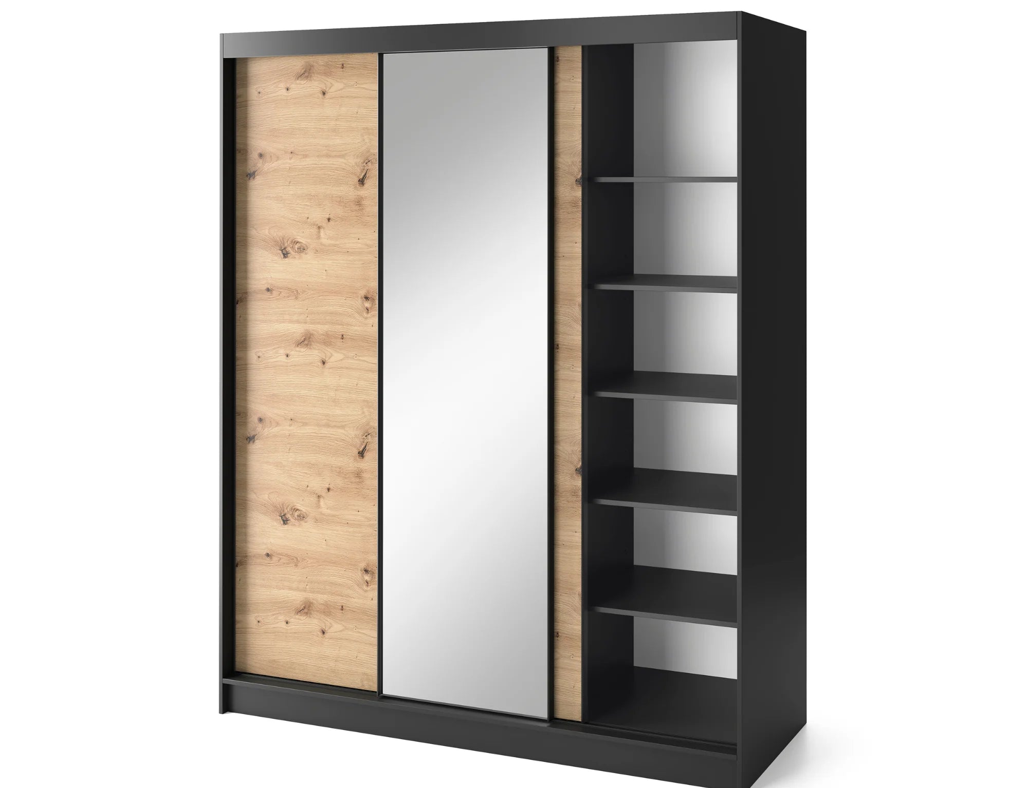 Eltap Esville III 3D Sliding Wardrobe – Black/Aristan Oak 180 cm with Mirrror