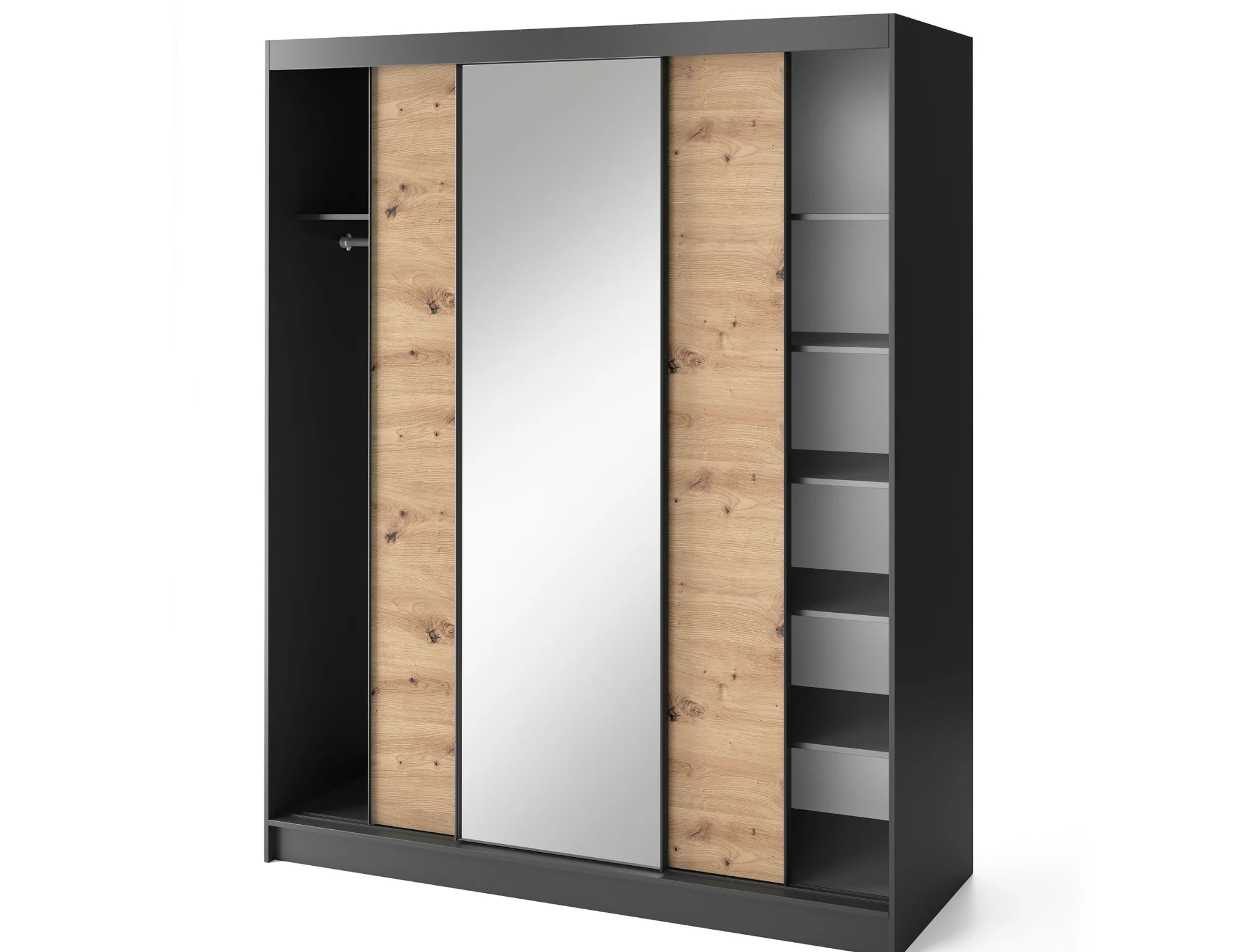 Eltap Esville III 3D Sliding Wardrobe – Black/Aristan Oak 180 cm with Mirrror