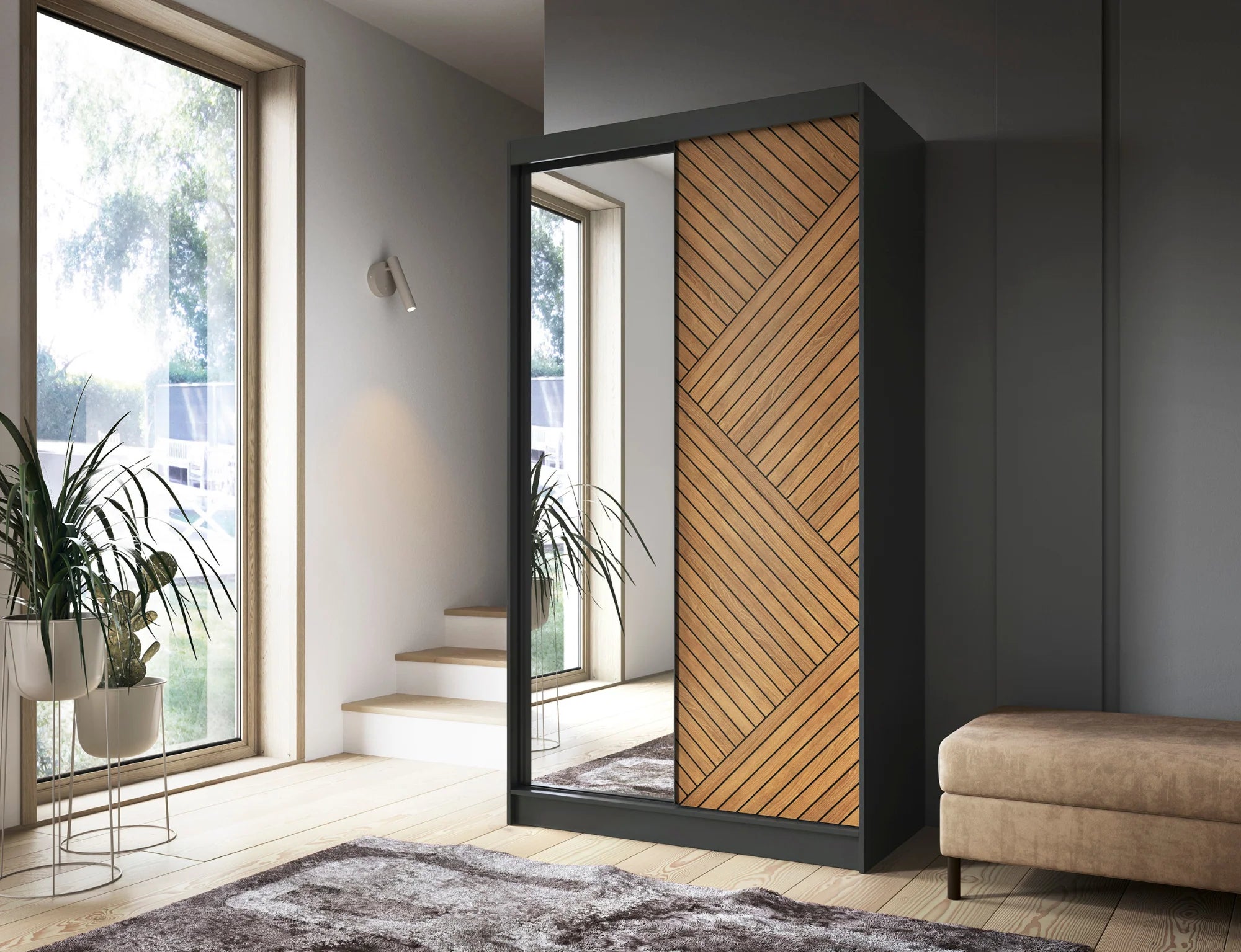 Eltap Marrphy II 2D Sliding Wardrobe – Black/Oak Caramel 120 cm With Mirror