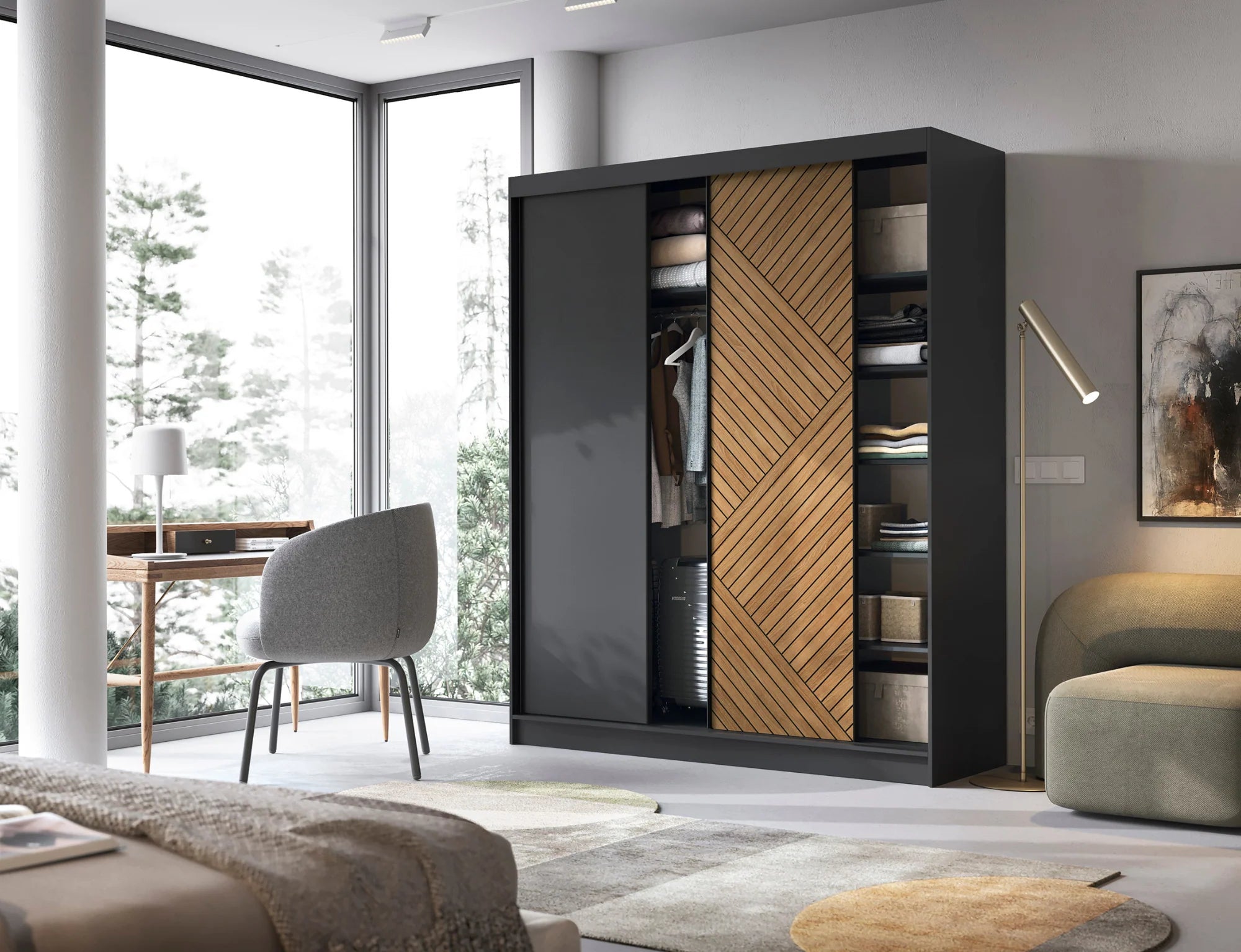 Eltap Marrphy III 3D Sliding Wardrobe – Black/Oak Carmel 180 cm