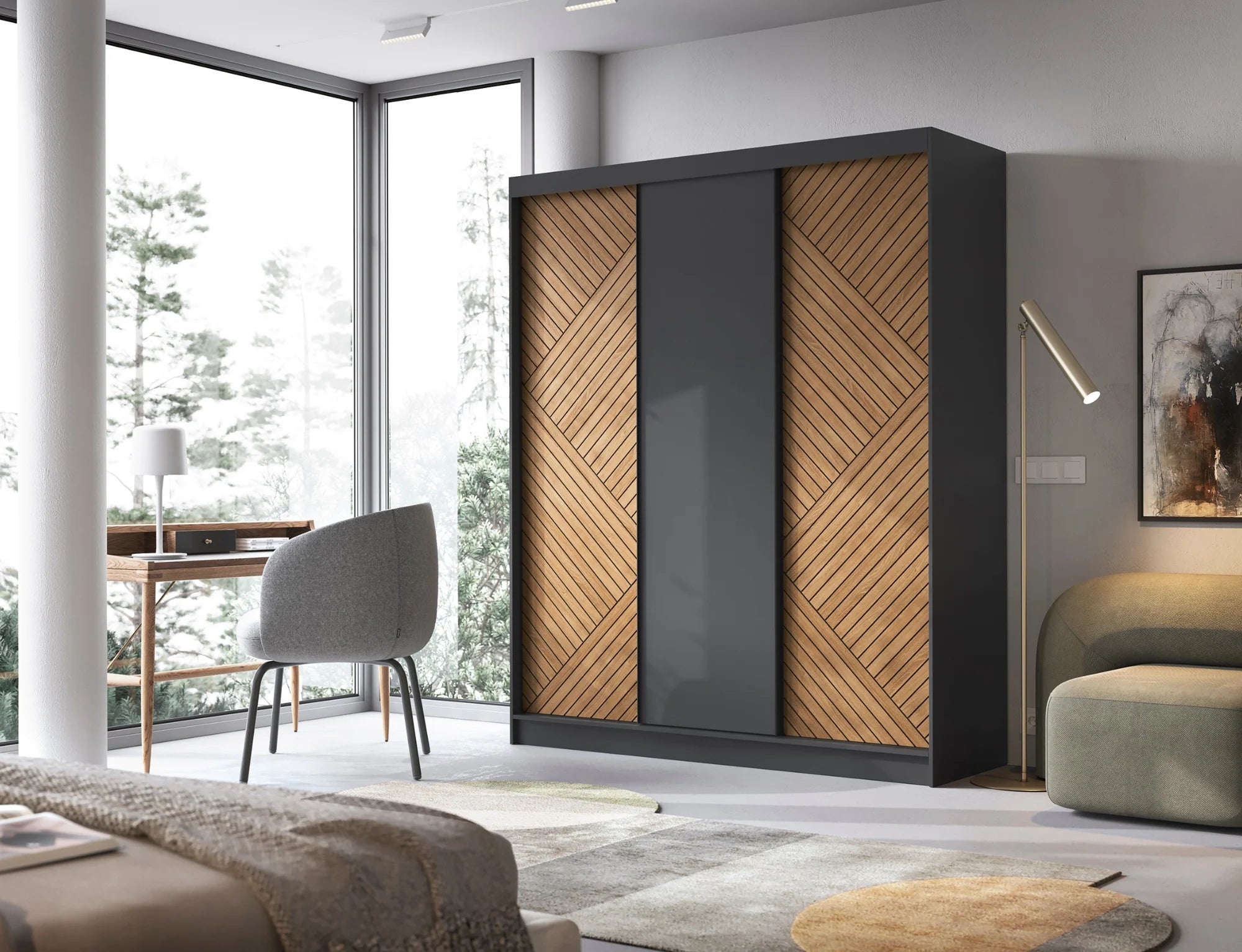 Eltap Marrphy III 3D Sliding Wardrobe – Black/Oak Carmel 180 cm