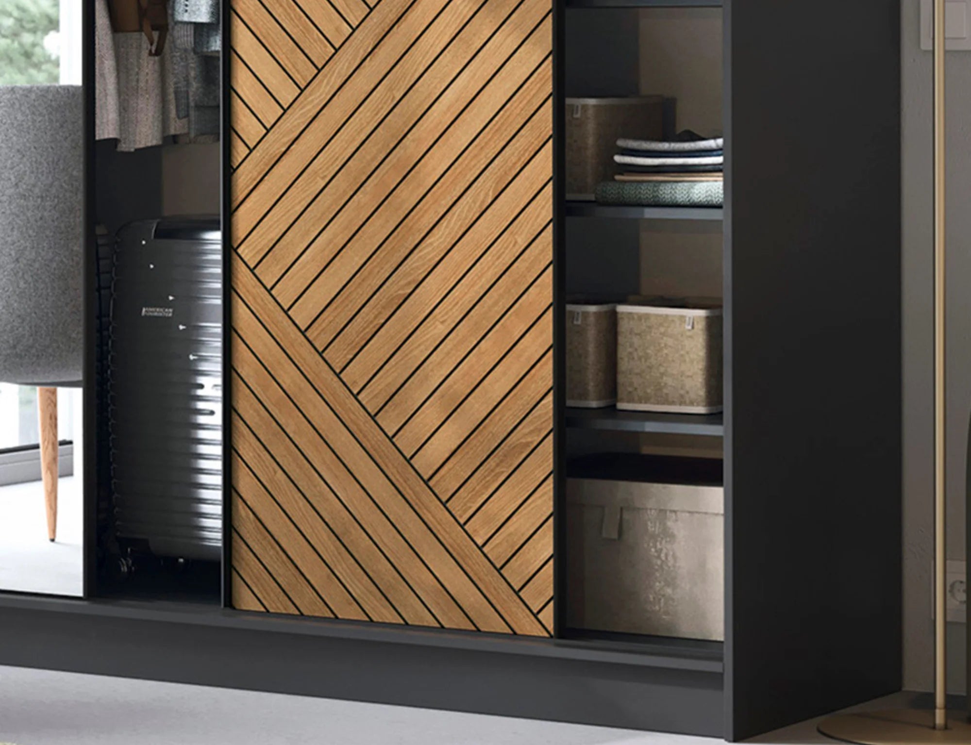 Eltap Marrphy III 3D Sliding Wardrobe – Black/Oak Carmel 180 cm with Mirror