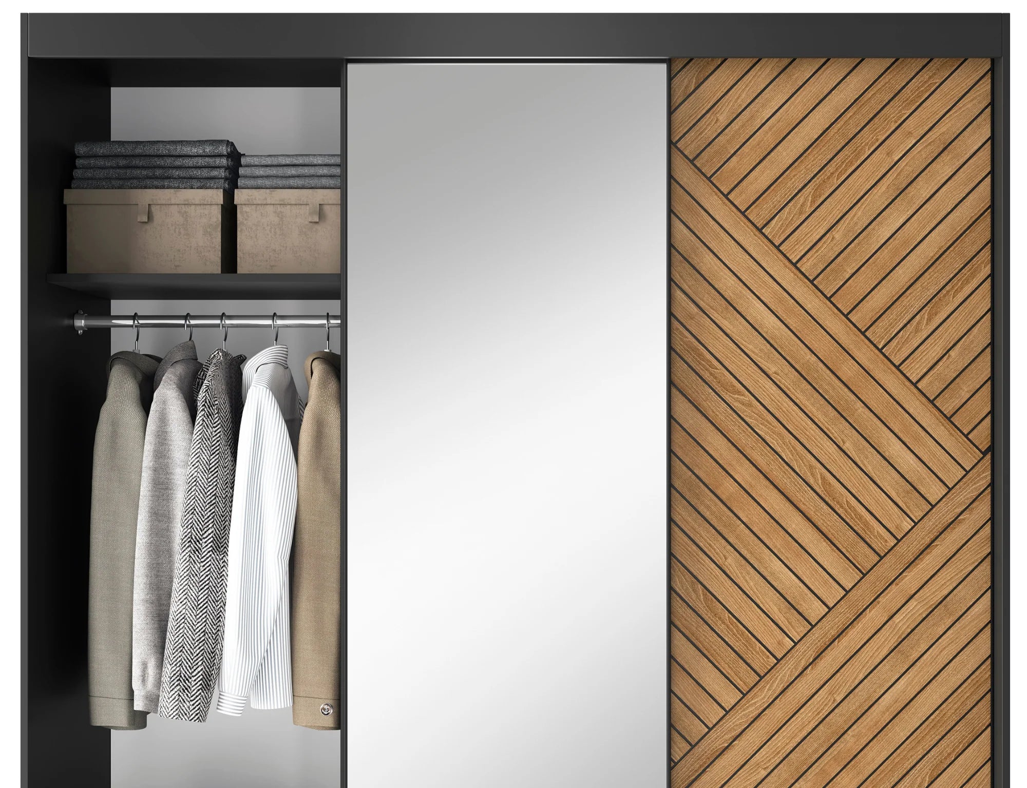 Eltap Marrphy III 3D Sliding Wardrobe – Black/Oak Carmel 180 cm with Mirror