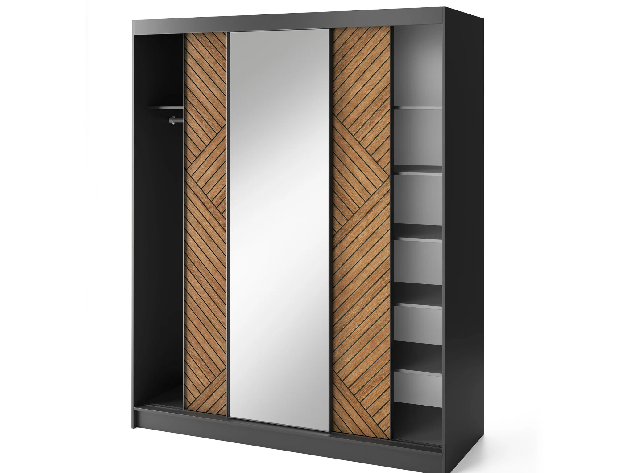 Eltap Marrphy III 3D Sliding Wardrobe – Black/Oak Carmel 180 cm with Mirror