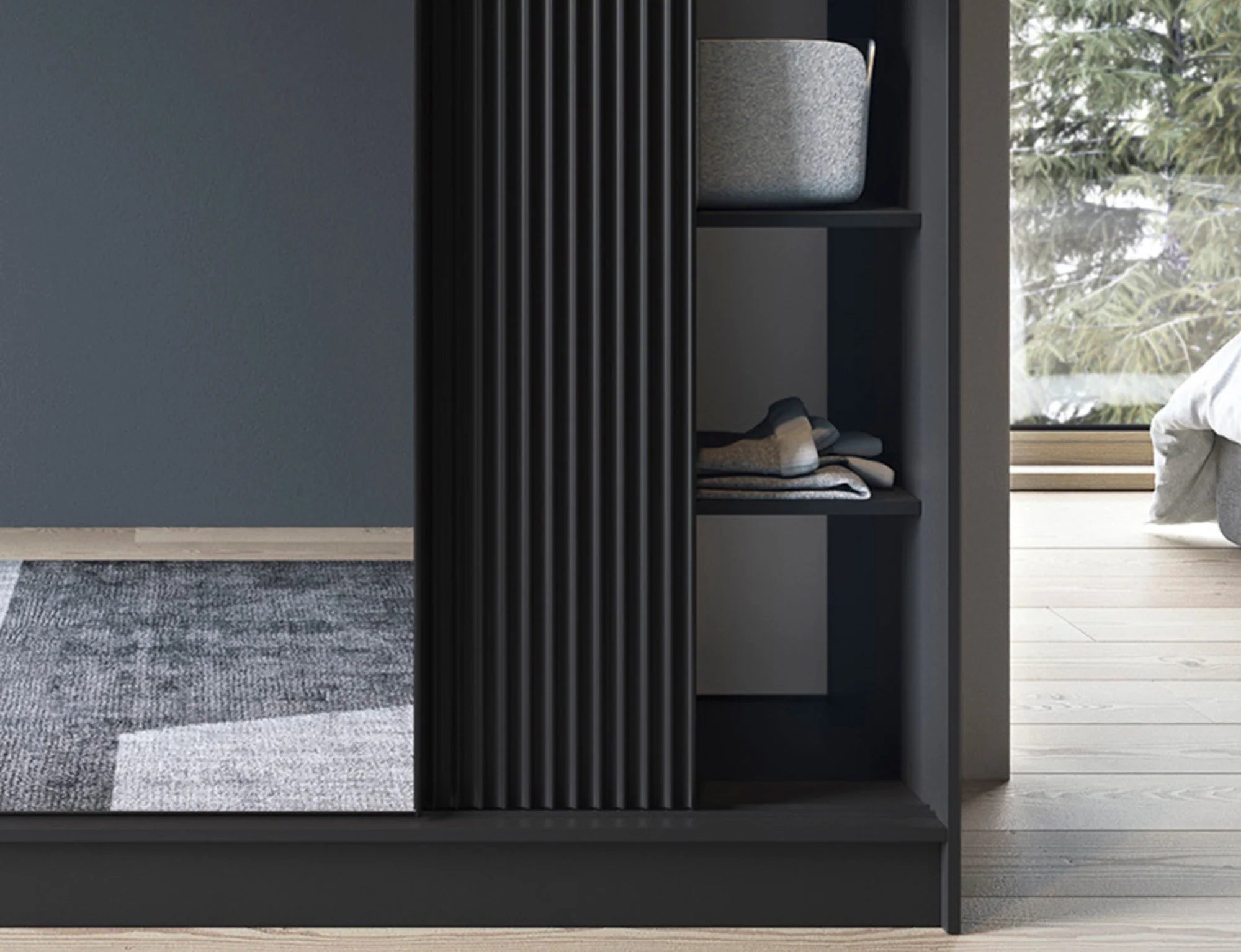 Eltap Prescco III 3D Sliding Wardrobe – Black Matte 180 cm with Mirror