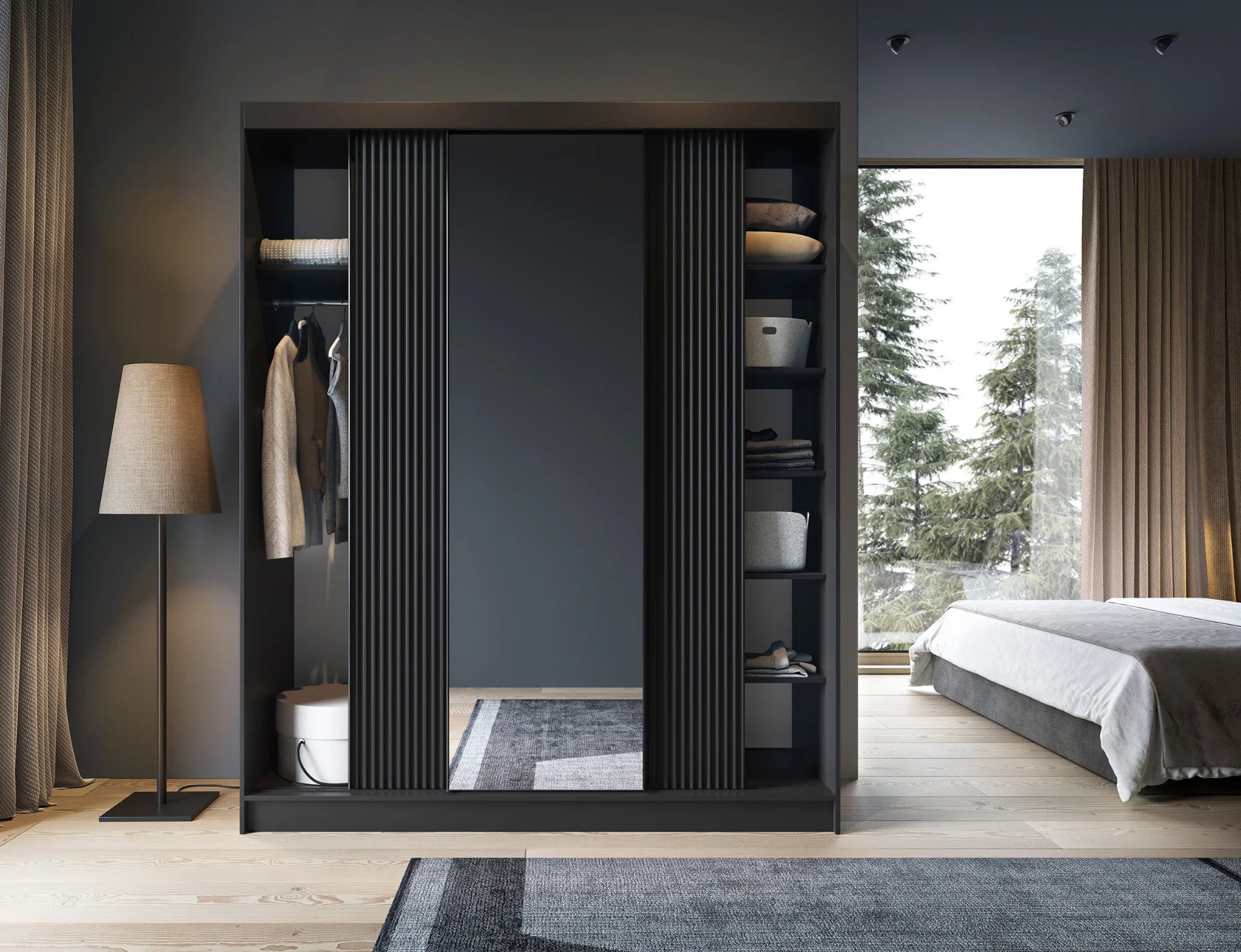 Eltap Prescco III 3D Sliding Wardrobe – Black Matte 180 cm with Mirror