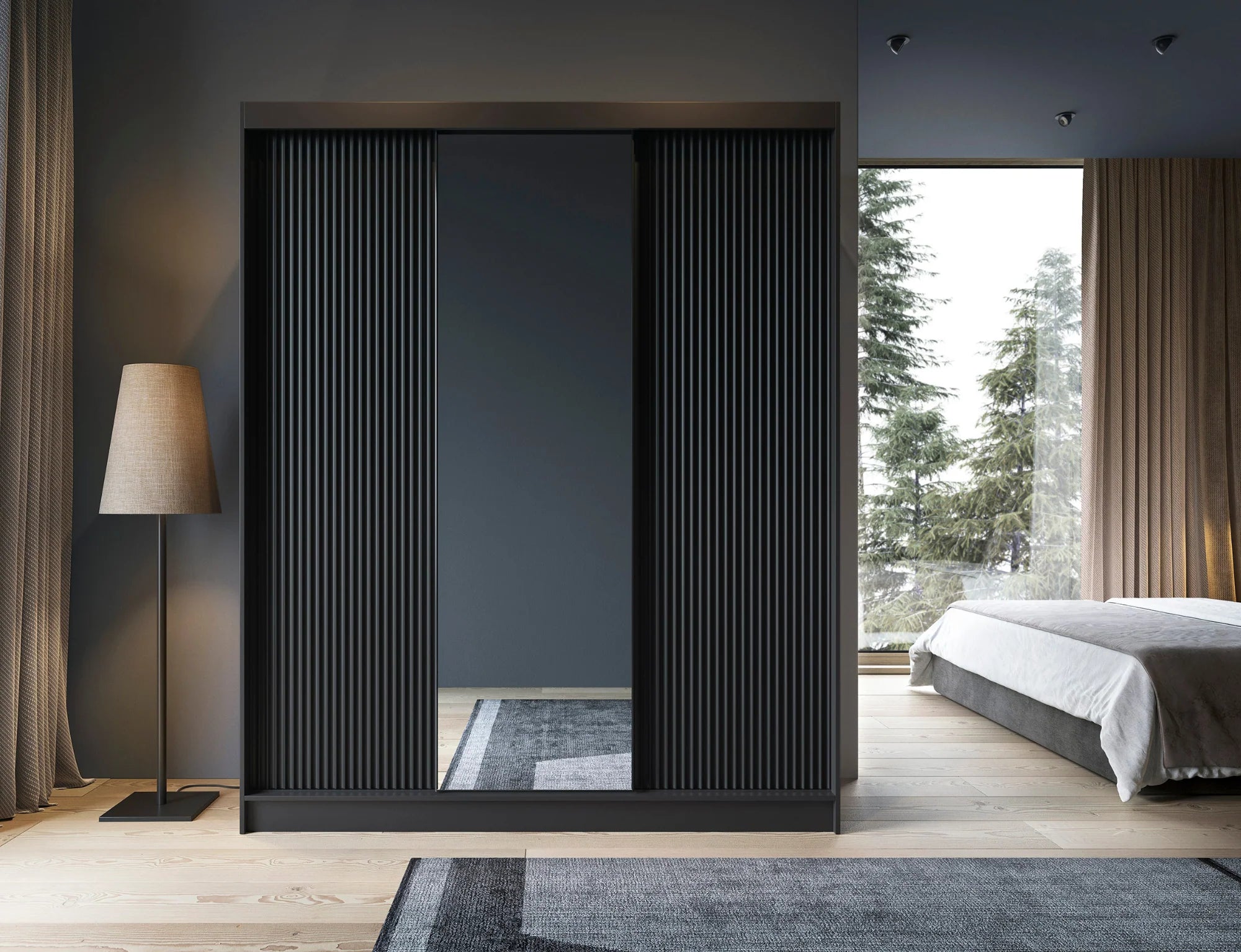 Eltap Prescco III 3D Sliding Wardrobe – Black Matte 180 cm with Mirror