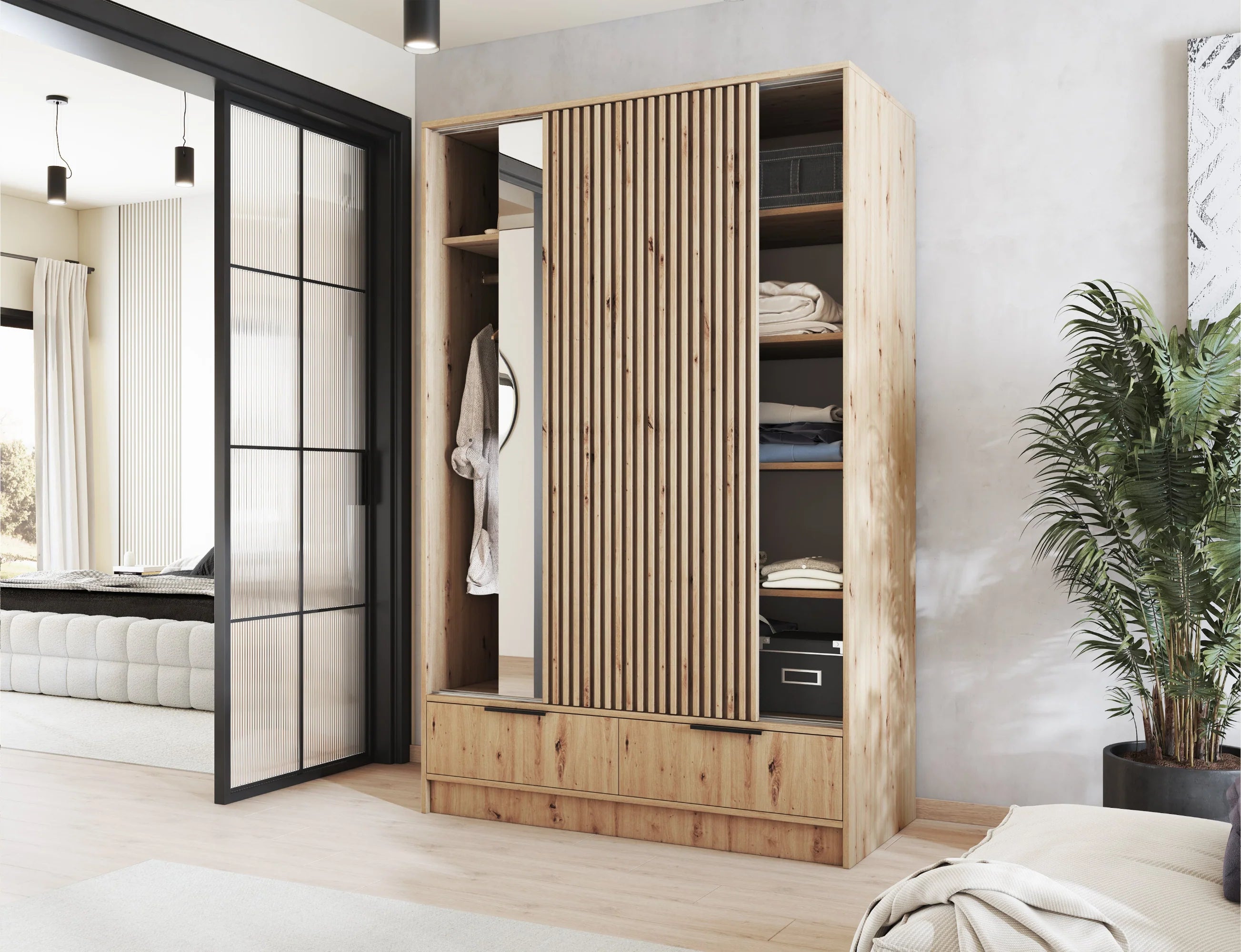 Eltap Voodi II 2D Sliding Wardrobe – Aristan Oak 120 cm with Mirror