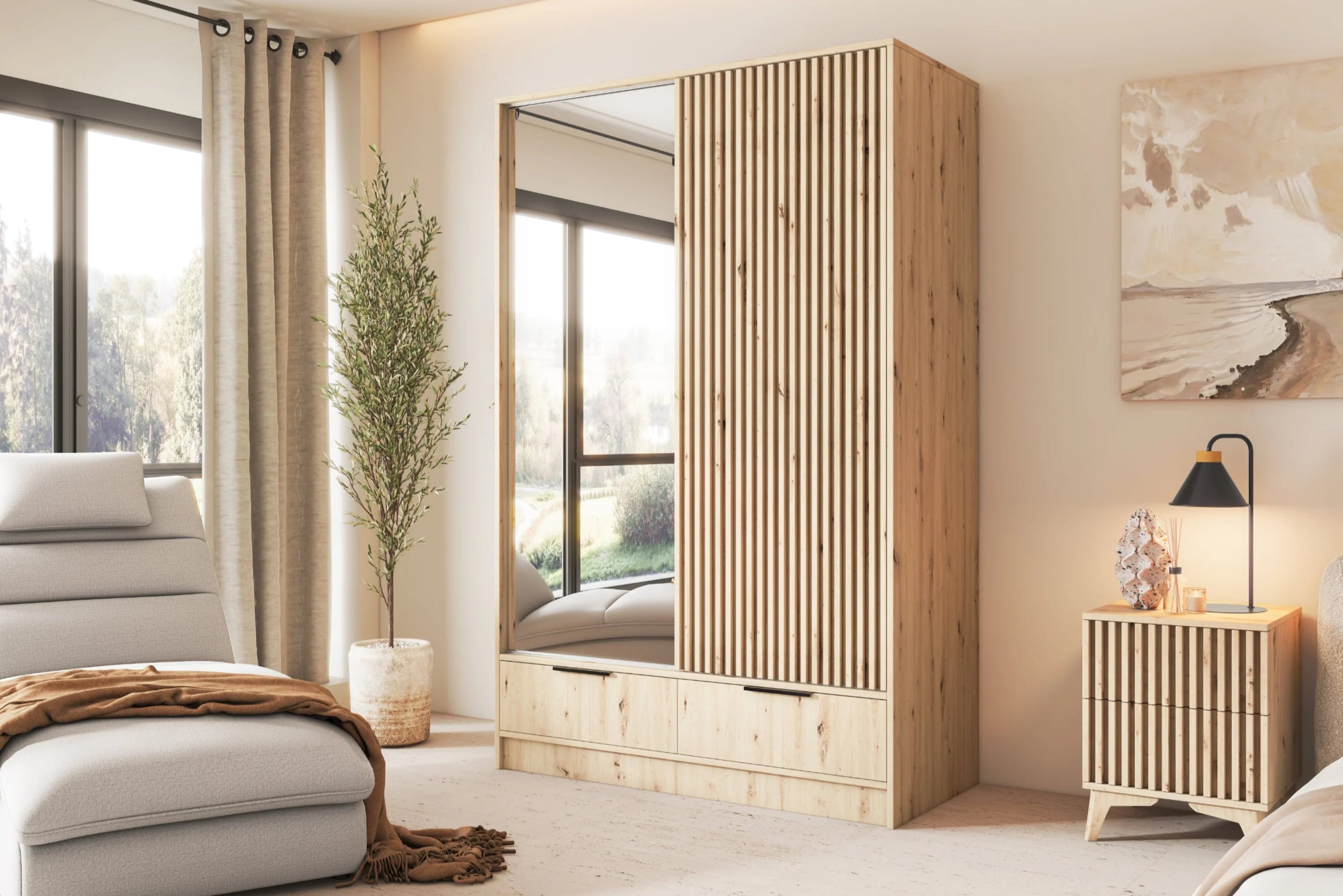 Eltap Voodi II 2D Sliding Wardrobe – Aristan Oak 120 cm with Mirror