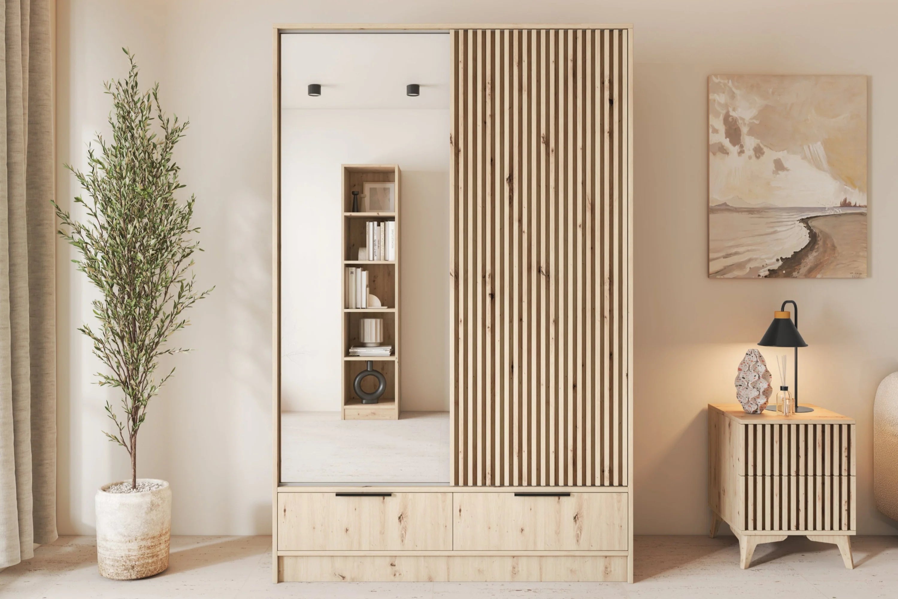Eltap Voodi II 2D Sliding Wardrobe – Aristan Oak 120 cm with Mirror