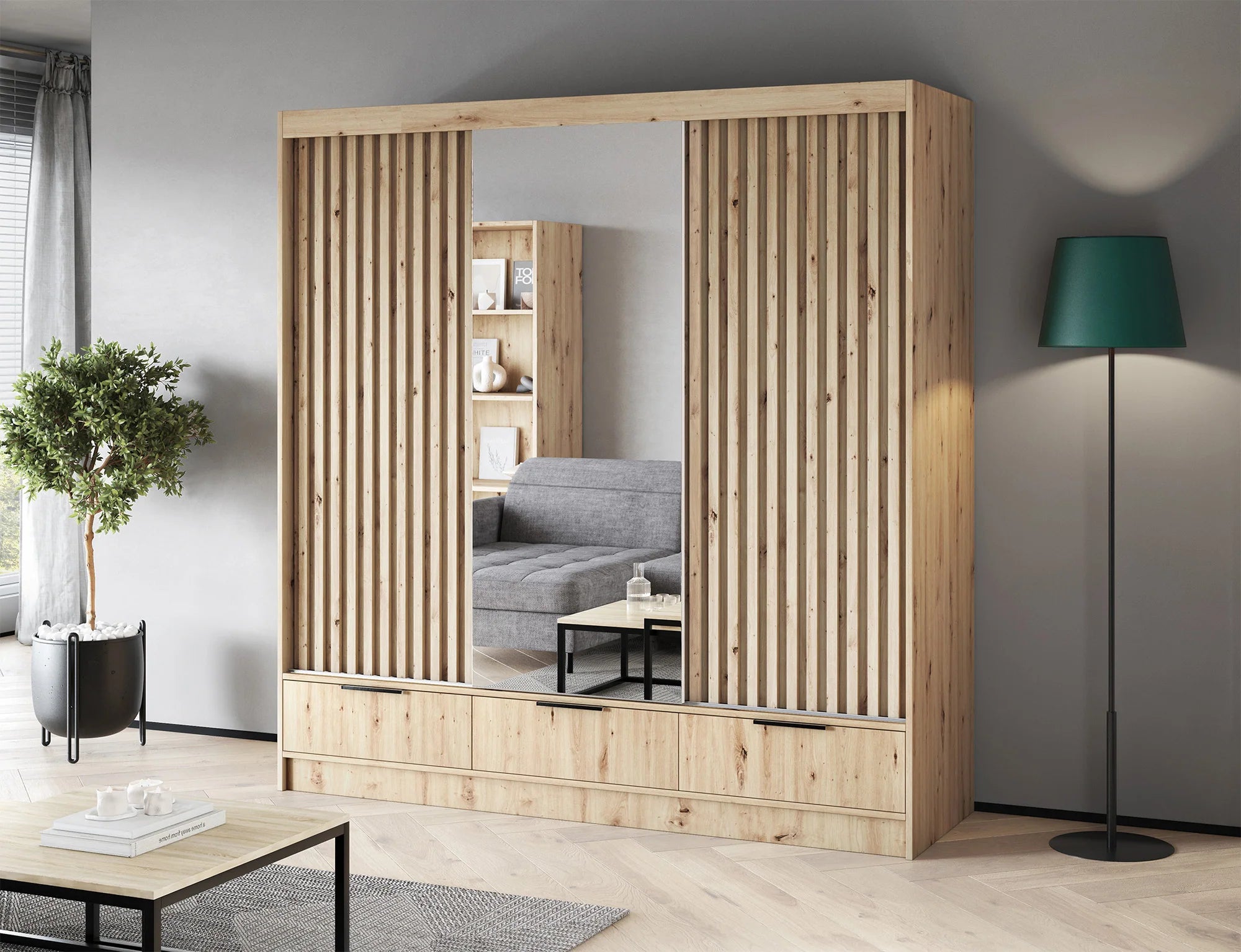 Eltap Voodi III 3D Sliding Wardrobe – Aristan Oak 180 cm with Mirrror