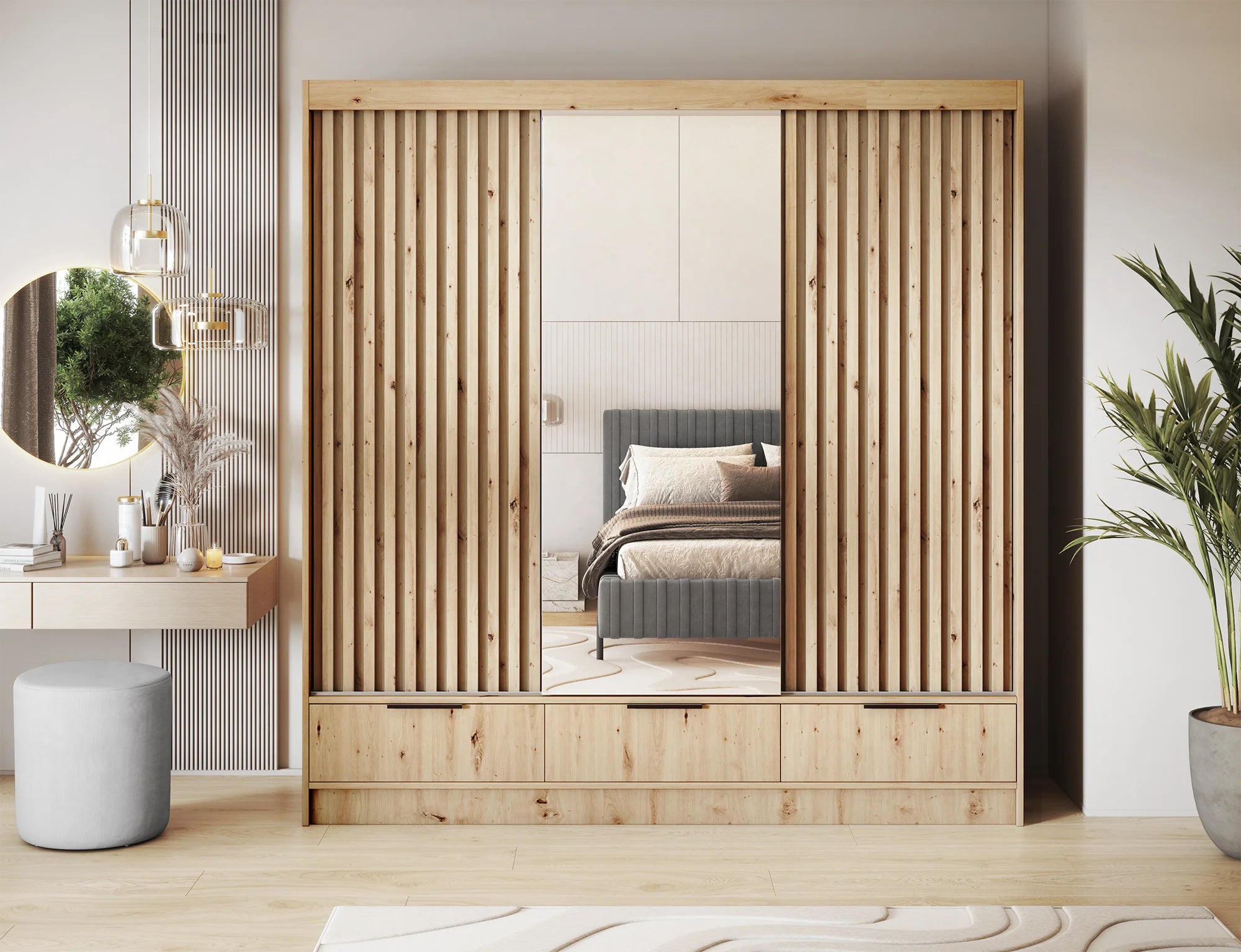 Eltap Voodi III 3D Sliding Wardrobe – Aristan Oak 180 cm with Mirrror