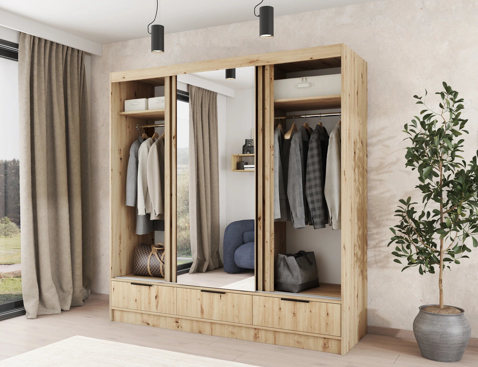 Eltap Voodi III 3D Sliding Wardrobe – Aristan Oak 180 cm with Mirrror