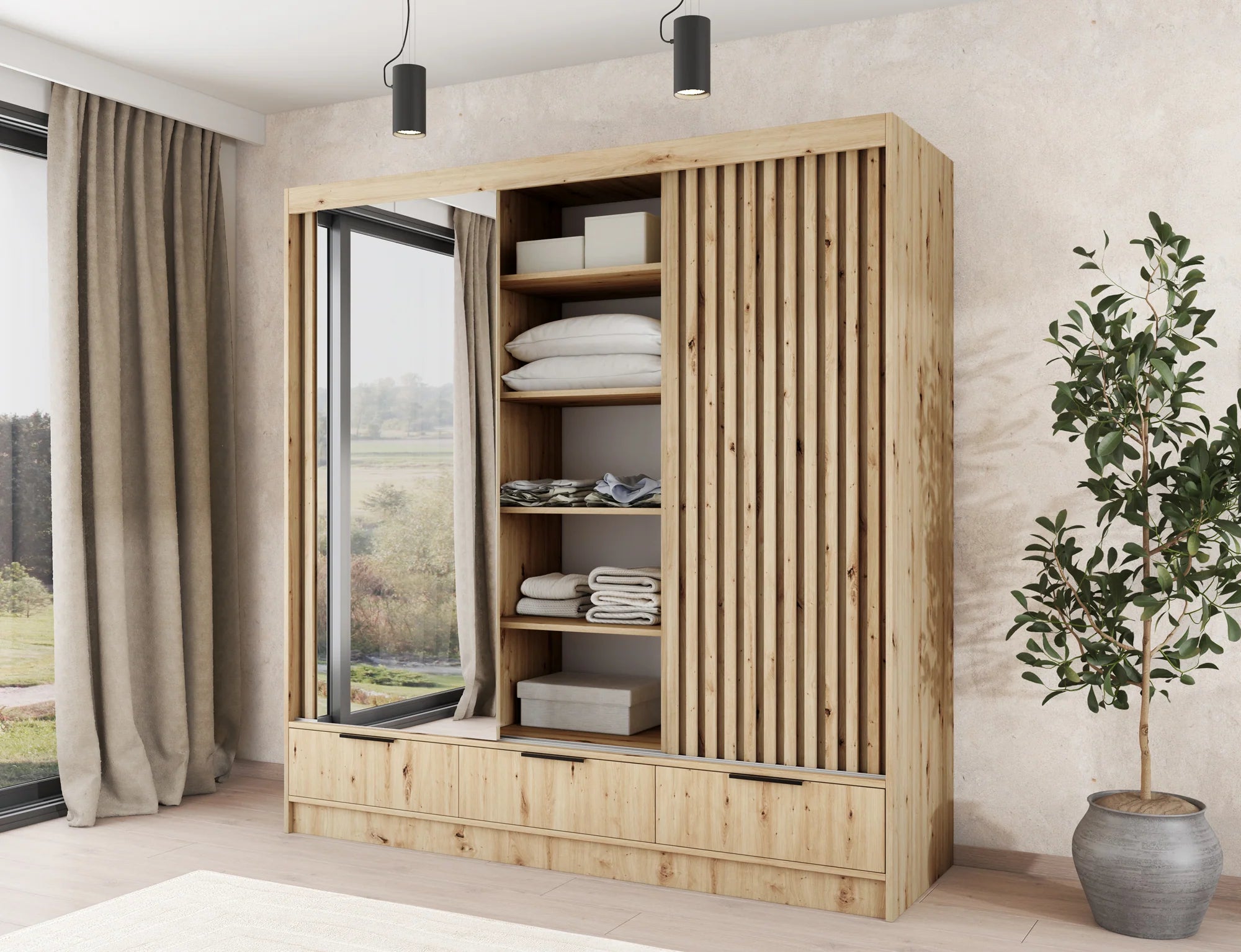 Eltap Voodi III 3D Sliding Wardrobe – Aristan Oak 180 cm with Mirrror