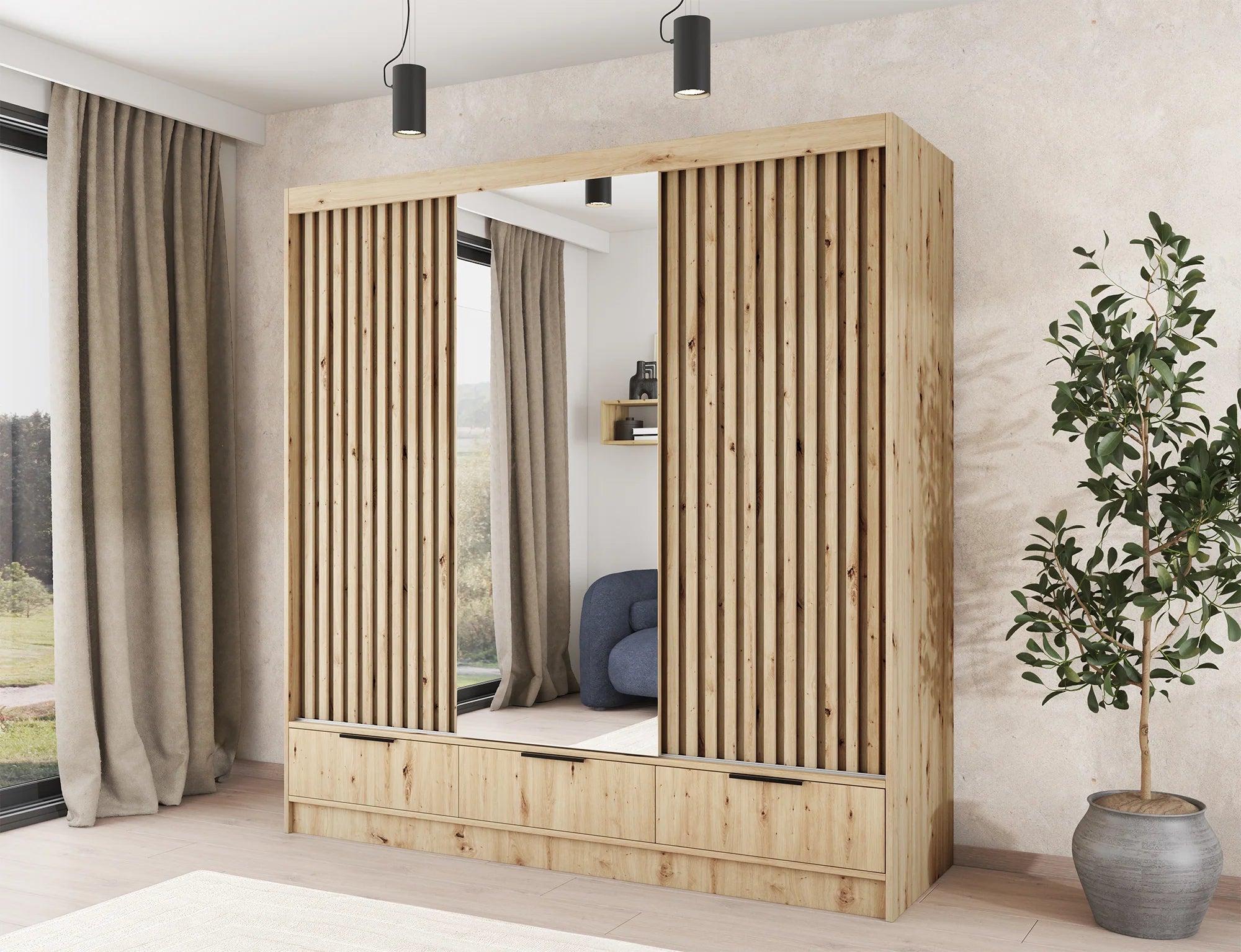 Eltap Voodi III 3D Sliding Wardrobe – Aristan Oak 180 cm with Mirrror