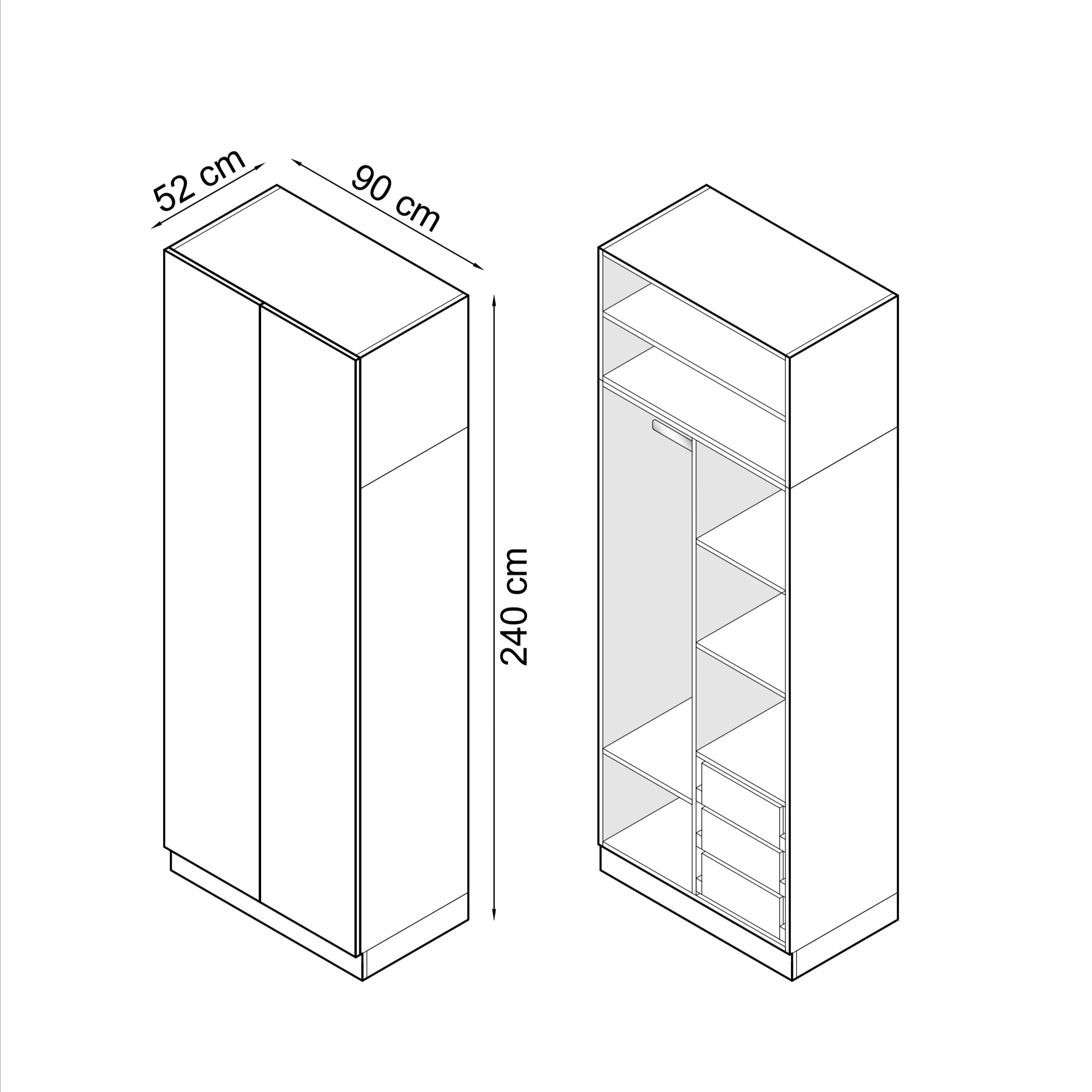 SLEEP VARIA 2-Door Wardrobe 90 cm with Shelves, Drawers, and Rail – Oiled Oak / White Matt