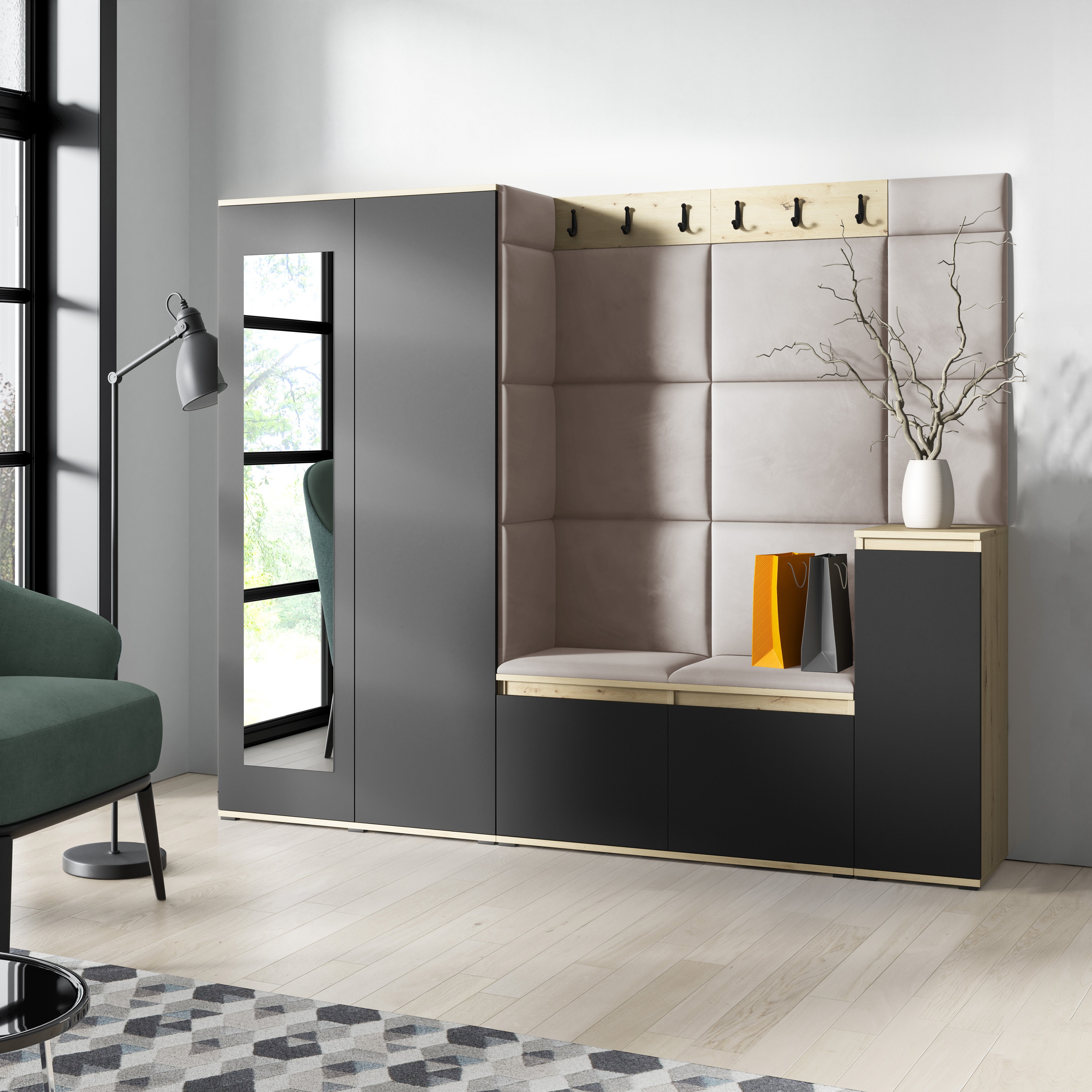 PK Emi 27 Hallway Wardrobe Aristan Oak/Black  - Upholstered Panels in Various Colours