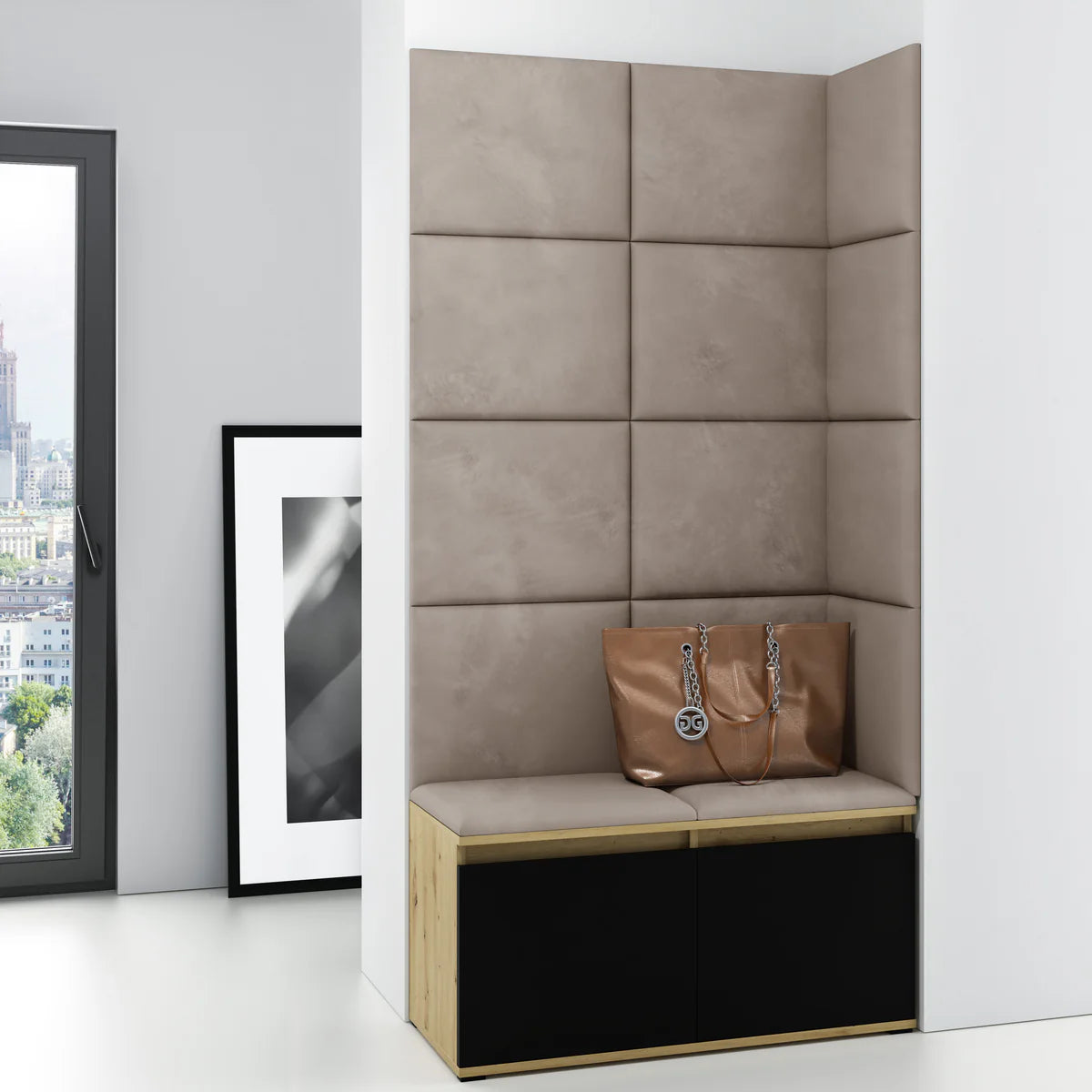 PK Emi 2 Hallway Wardrobe Artisan Oak/Black -Upholstered Panels in Various Colours