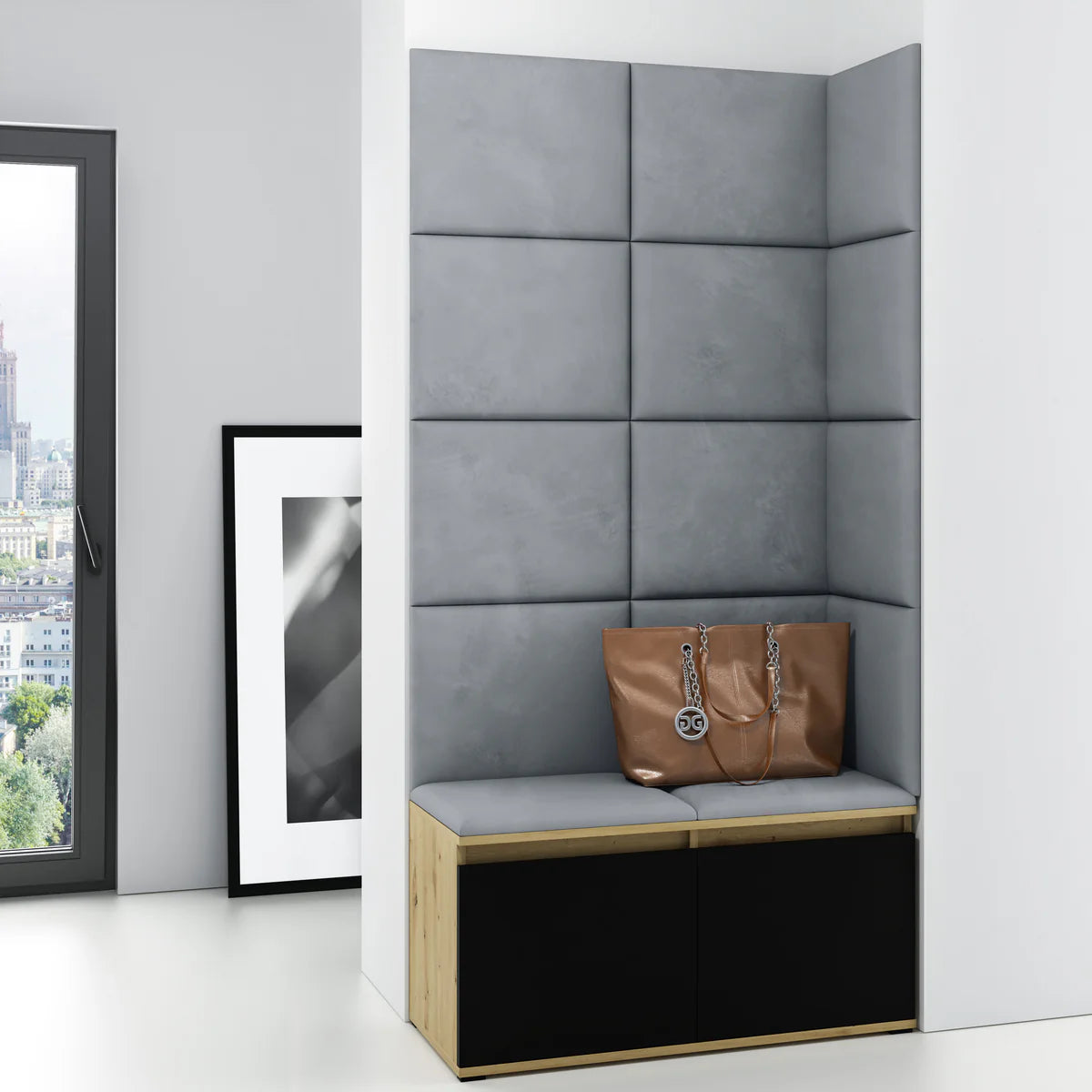 PK Emi 2 Hallway Wardrobe Artisan Oak/Black -Upholstered Panels in Various Colours