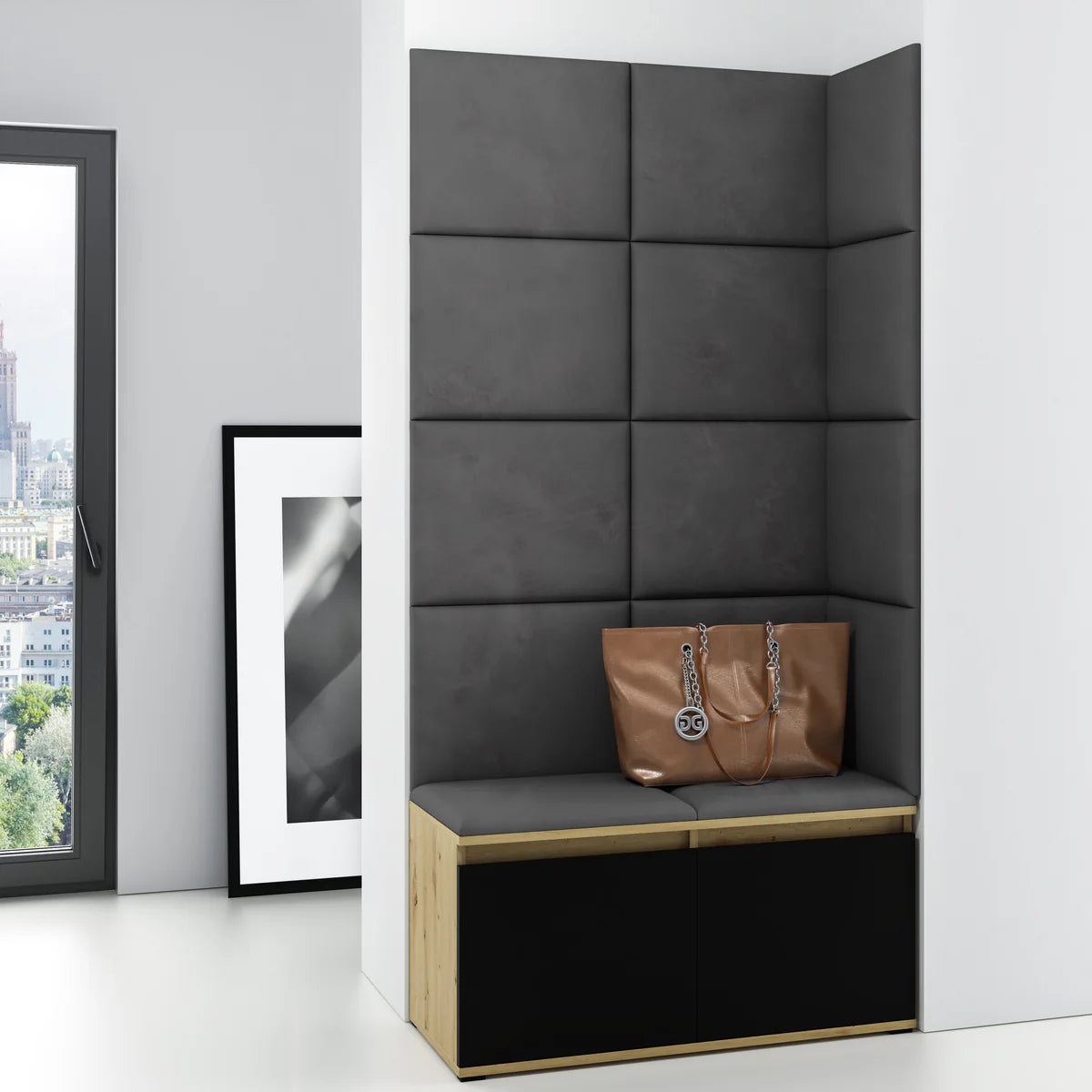 PK Emi 2 Hallway Wardrobe Artisan Oak/Black -Upholstered Panels in Various Colours