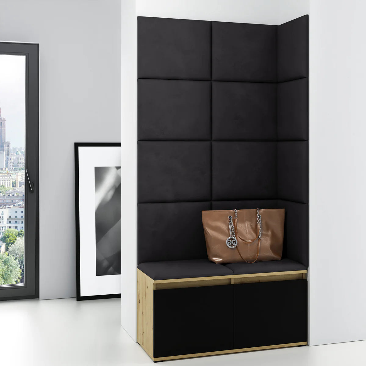 PK Emi 2 Hallway Wardrobe Artisan Oak/Black -Upholstered Panels in Various Colours