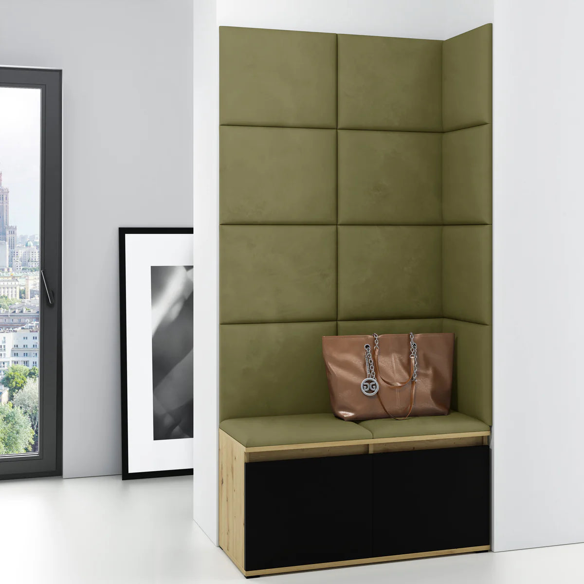 PK Emi 2 Hallway Wardrobe Artisan Oak/Black -Upholstered Panels in Various Colours