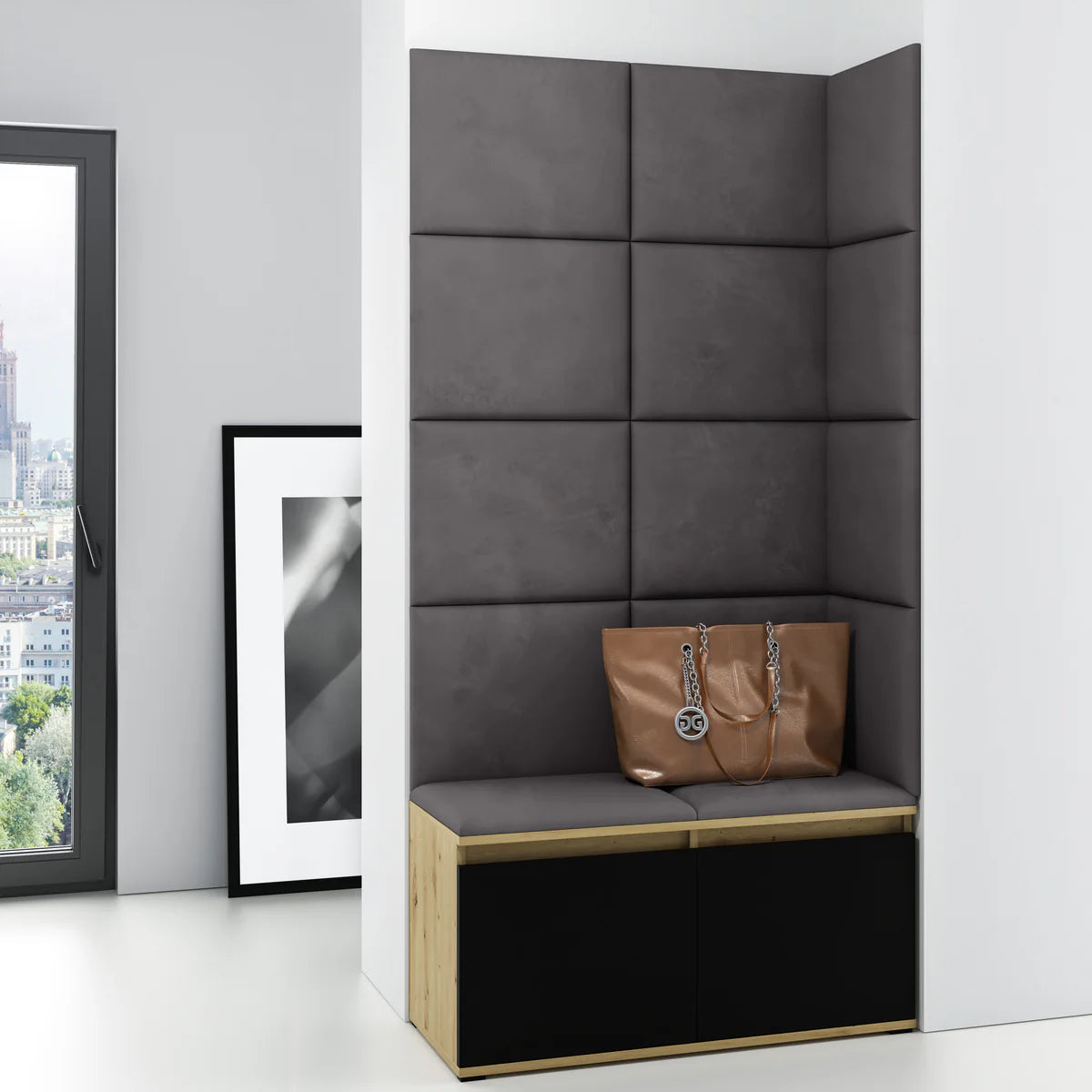 PK Emi 2 Hallway Wardrobe Artisan Oak/Black -Upholstered Panels in Various Colours