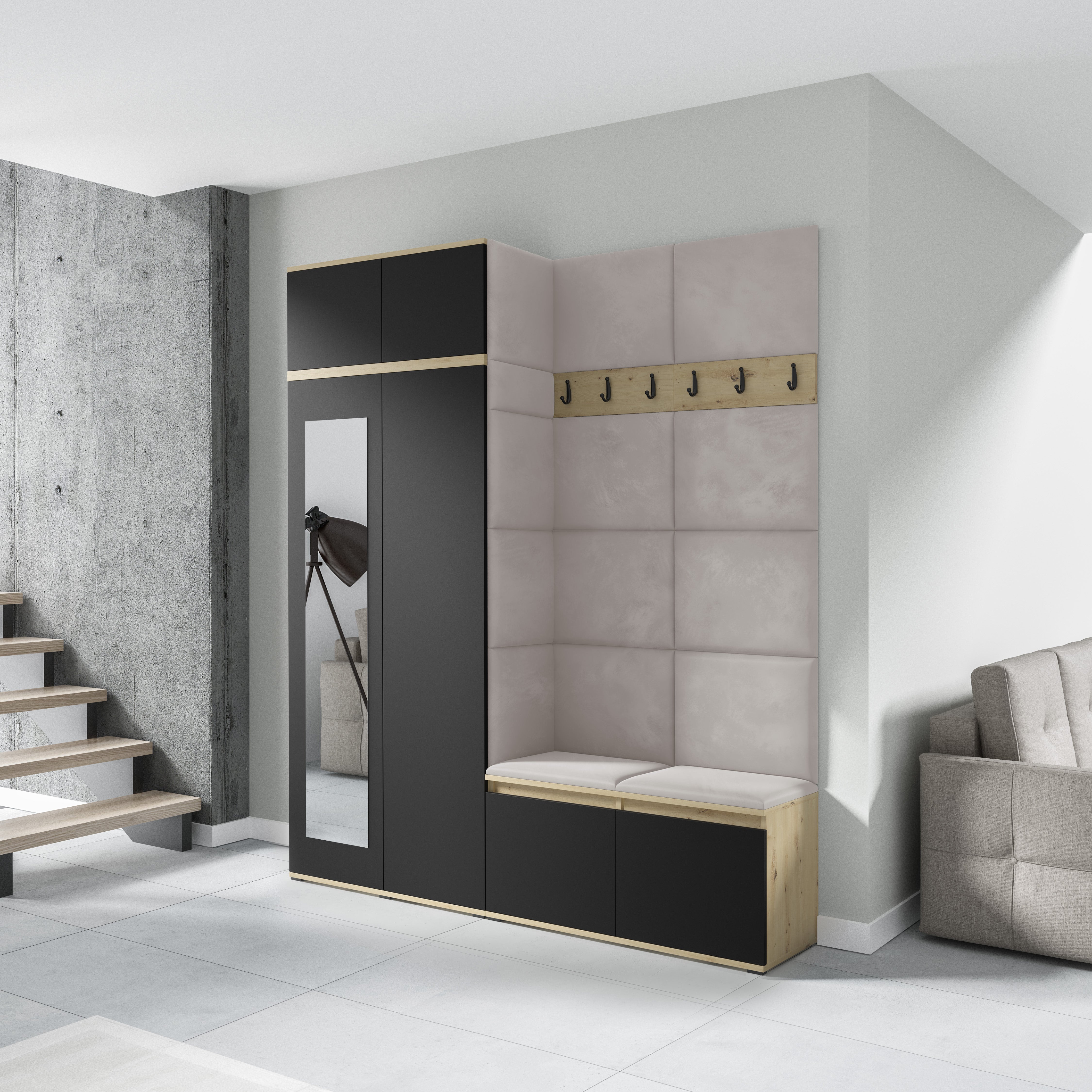PK Emi 19 Hallway Wardrobe Artisan Oak / Black  - Upholstered Panels in Various Colours