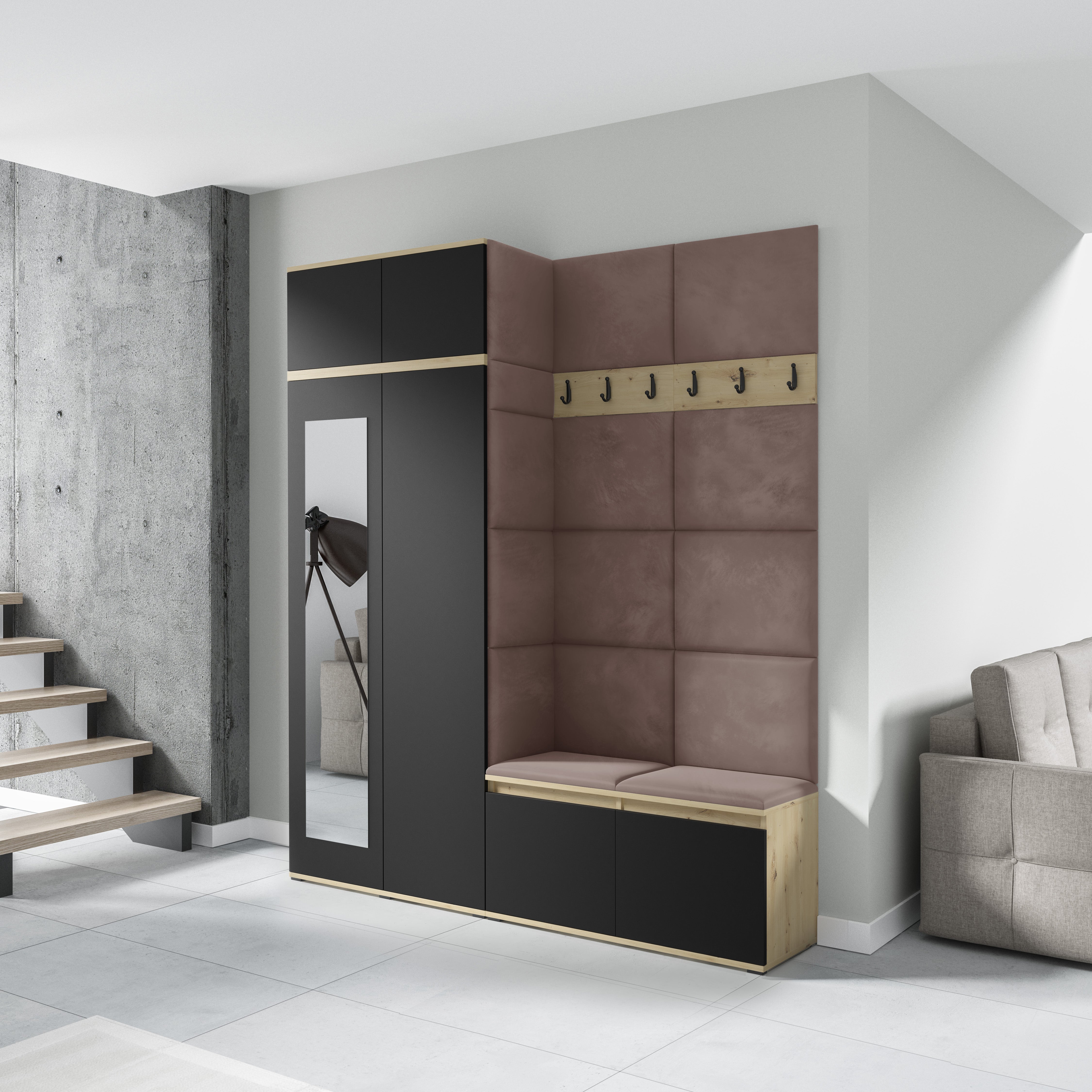 PK Emi 19 Hallway Wardrobe Artisan Oak / Black  - Upholstered Panels in Various Colours