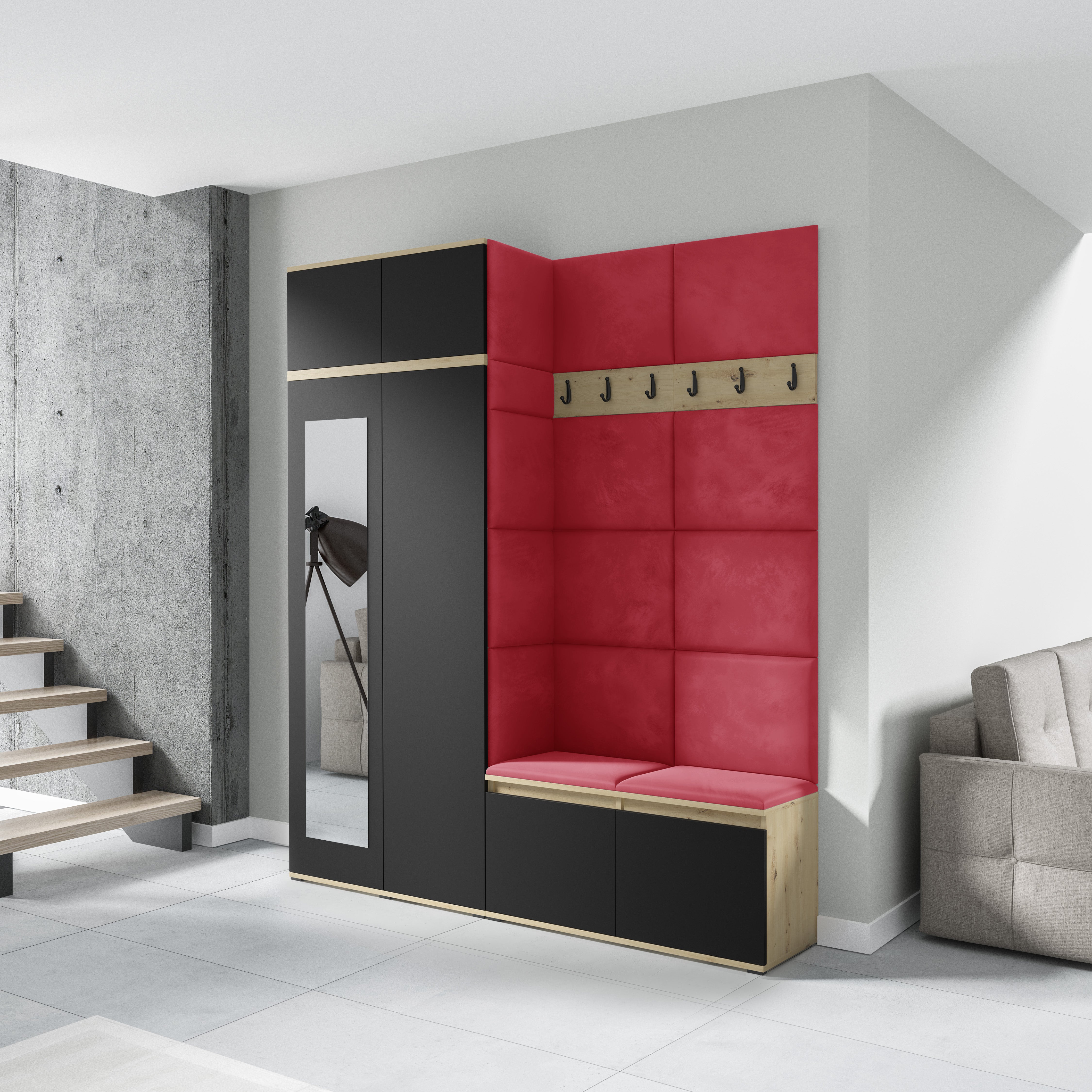 PK Emi 19 Hallway Wardrobe Artisan Oak / Black  - Upholstered Panels in Various Colours