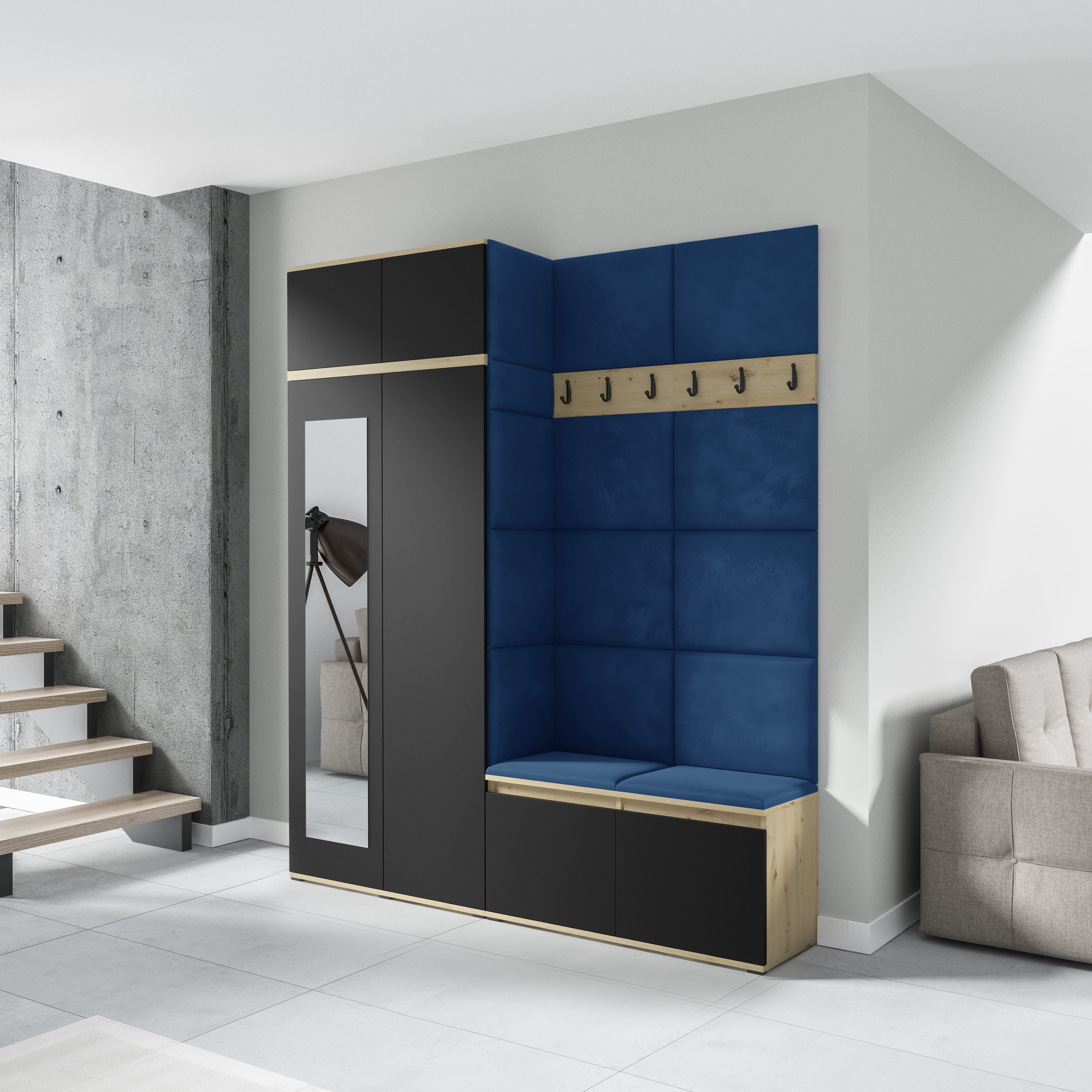 PK Emi 19 Hallway Wardrobe Artisan Oak / Black  - Upholstered Panels in Various Colours